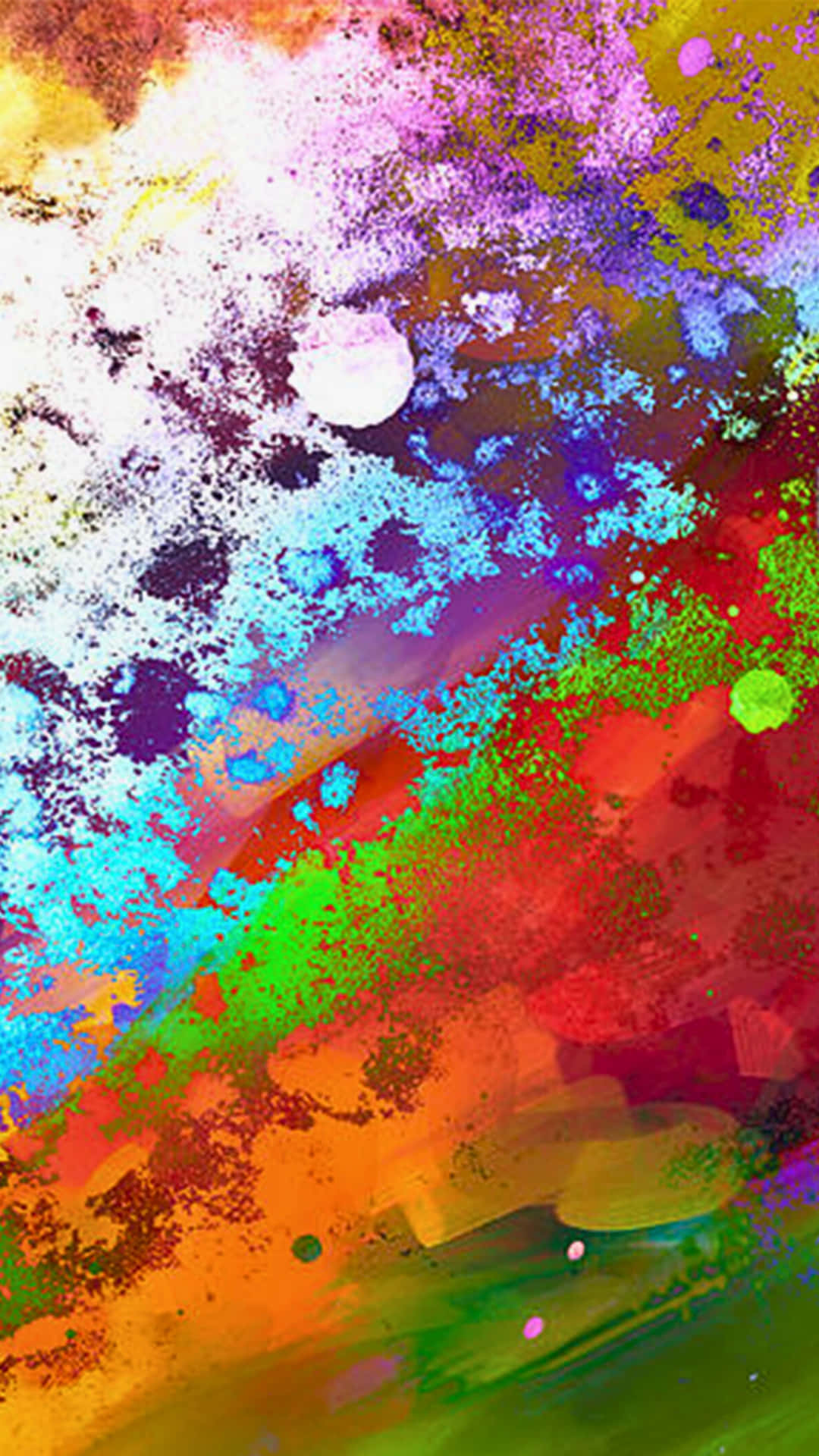Color splash 壁紙 — 充滿活力的抽象顏料飛濺，以彩虹色調在畫布上混合重疊，形成混亂的色彩爆炸。