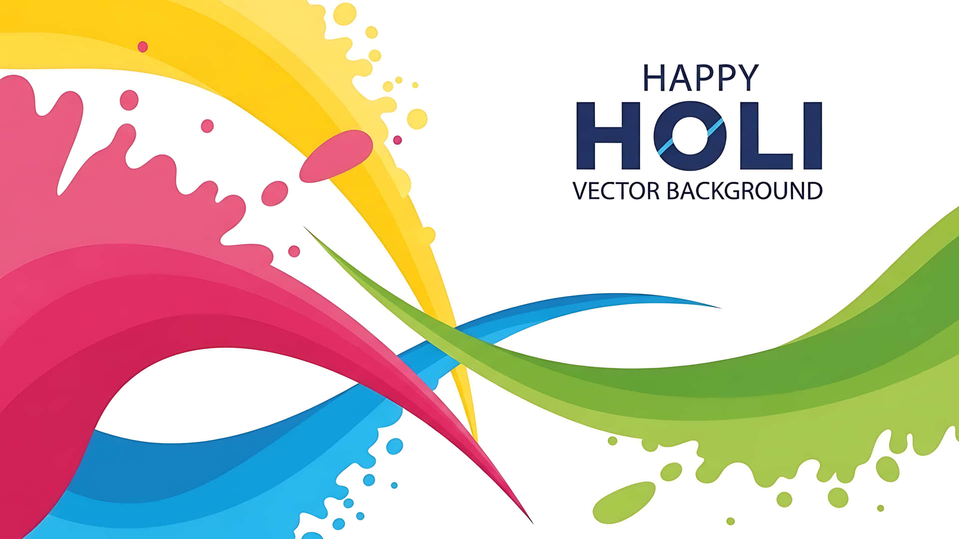 Vibrant holi celebration with colorful paint splashes 壁紙 — 充滿活力的抽象顏料飛濺，以粉紅、黃、藍、綠色在白色背景上動態旋轉，並帶有粗體文字 Happy Holi Vector Background。