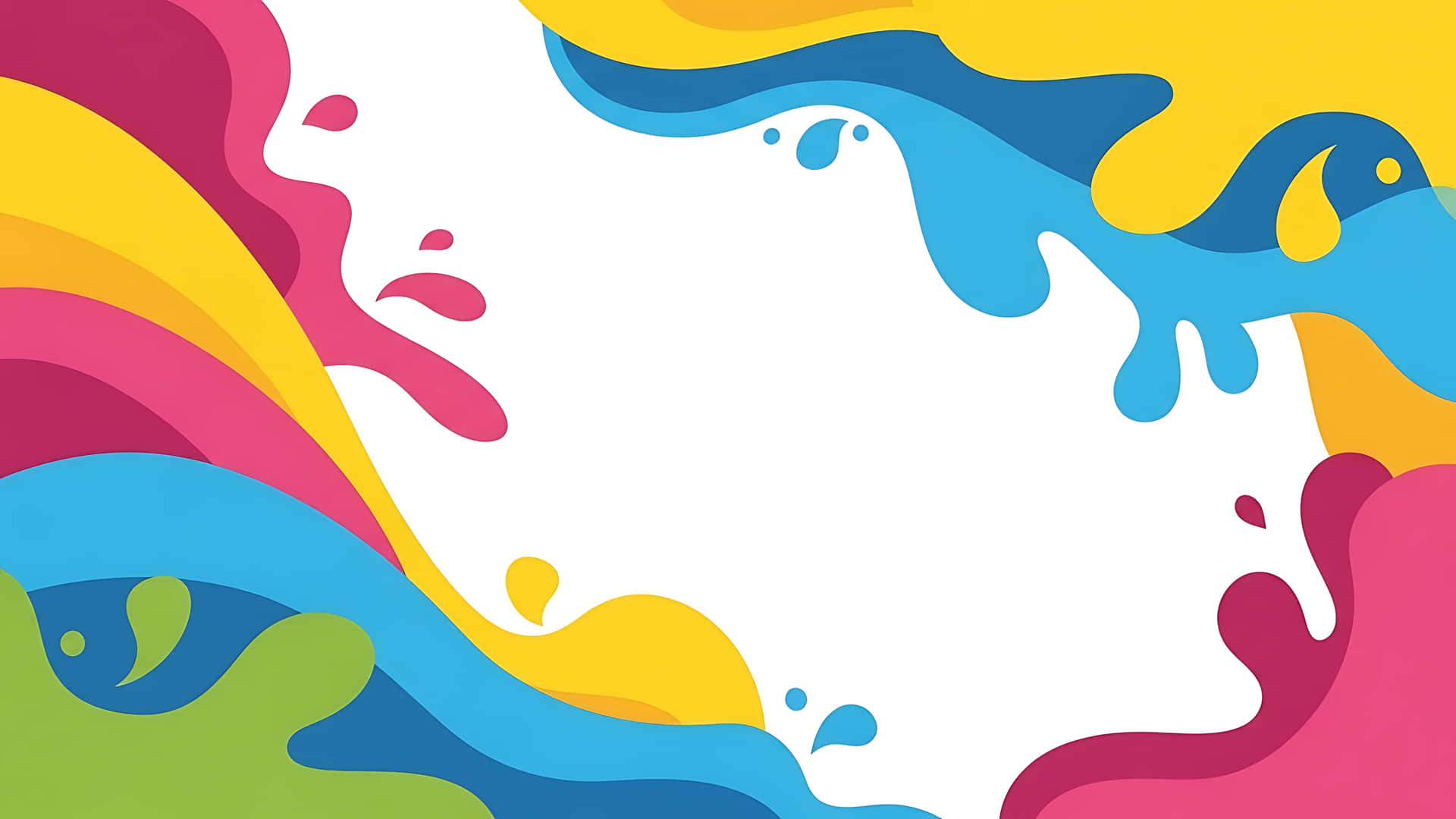 Vibrant abstract art with colorful paint splatters and fluid shapes 壁紙 — 充滿活力的抽象顏料飛濺，以粉紅、黃、藍和綠色圍繞中央白色空間，呈現動態流體運動。