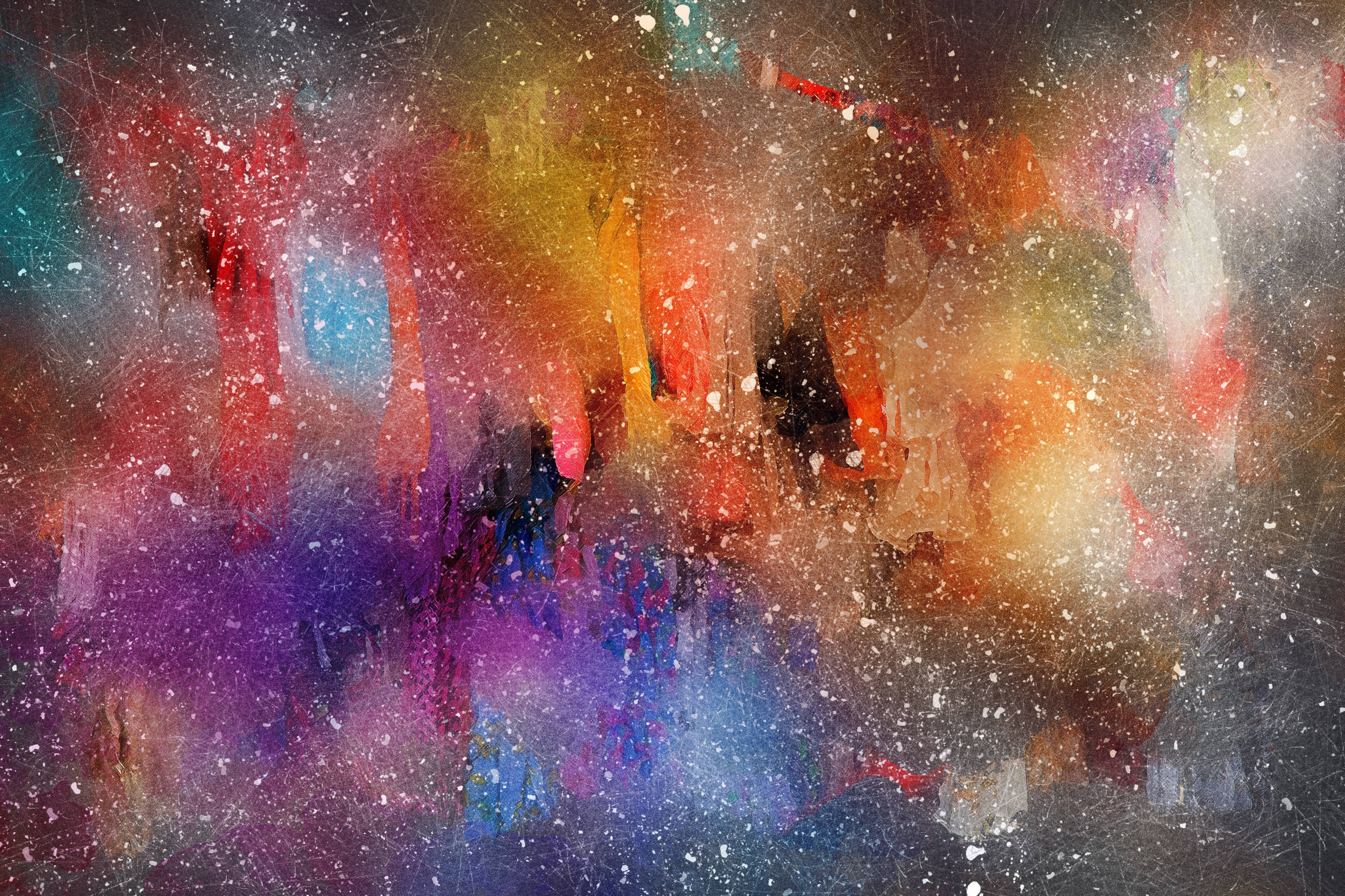 Watercolor 桌布 壁紙 — 充滿活力的抽象顏料飛濺和條紋在帶有宇宙閃光效果的紋理畫布上爆炸。