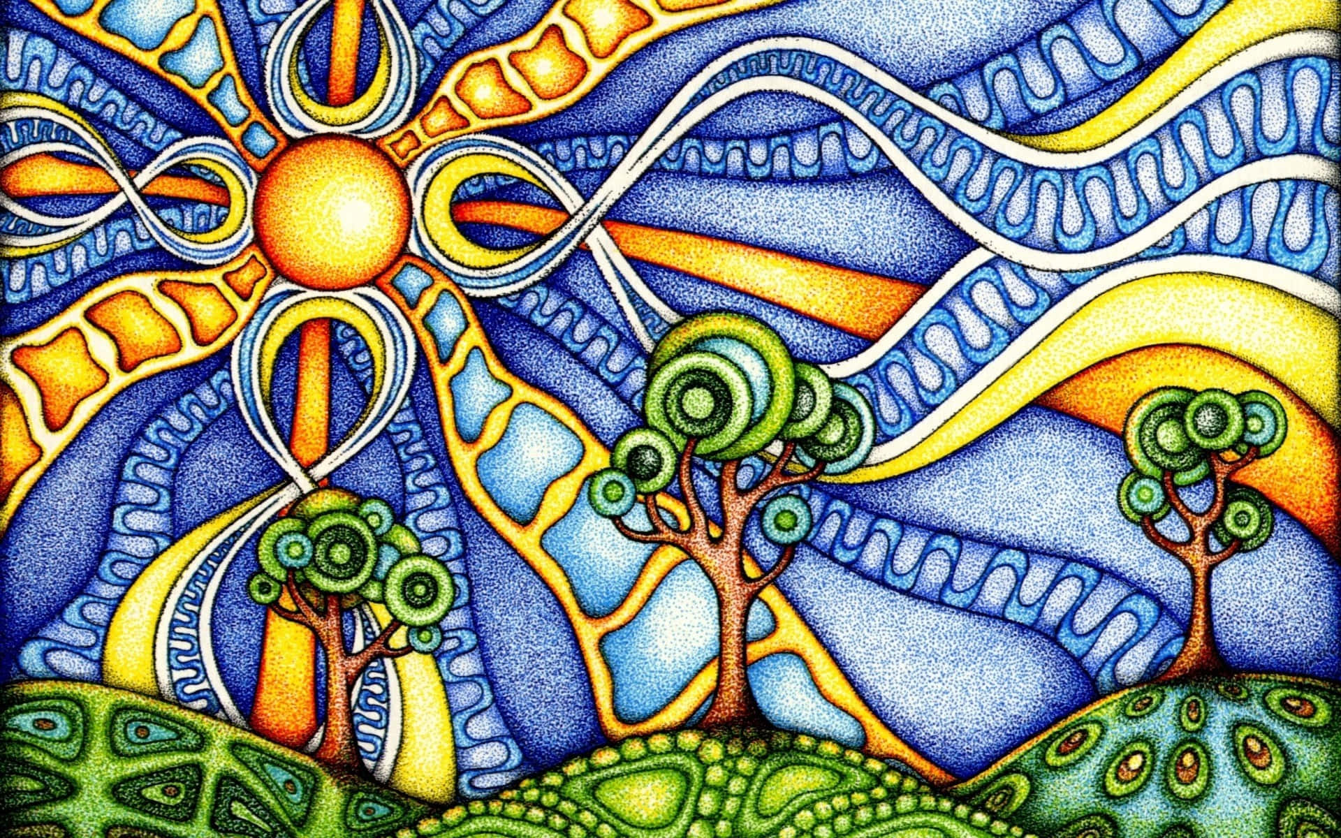 psychedelic art 桌布 壁紙 — 充滿活力的抽象風景，以風格化的樹木和燦爛的太陽，映襯著旋轉的藍色和黃色圖案。