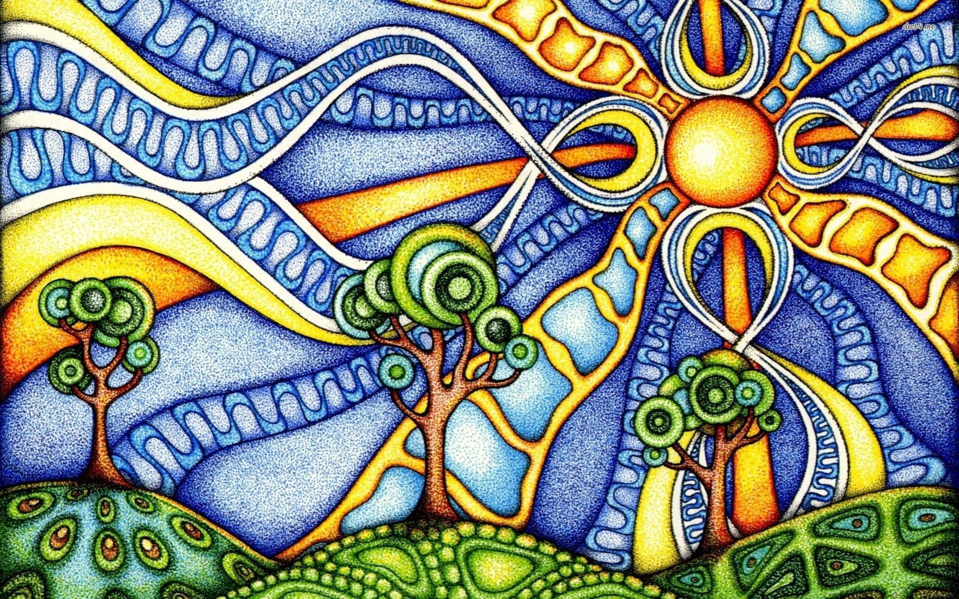 Trippy Nature 桌布 壁紙 — 充滿活力的抽象風景，在燦爛的陽光下，有風格化的樹木和漩渦圖案。