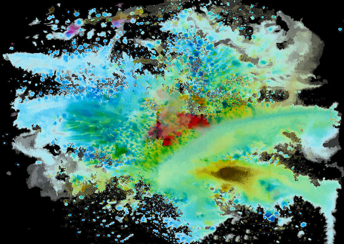 Colorful Paint Splash 桌布 壁紙 — 充滿活力的抽象飛濺色彩，包括藍綠色、黃色和紅色，在漆黑的背景上爆發，形成動態混亂的構圖。