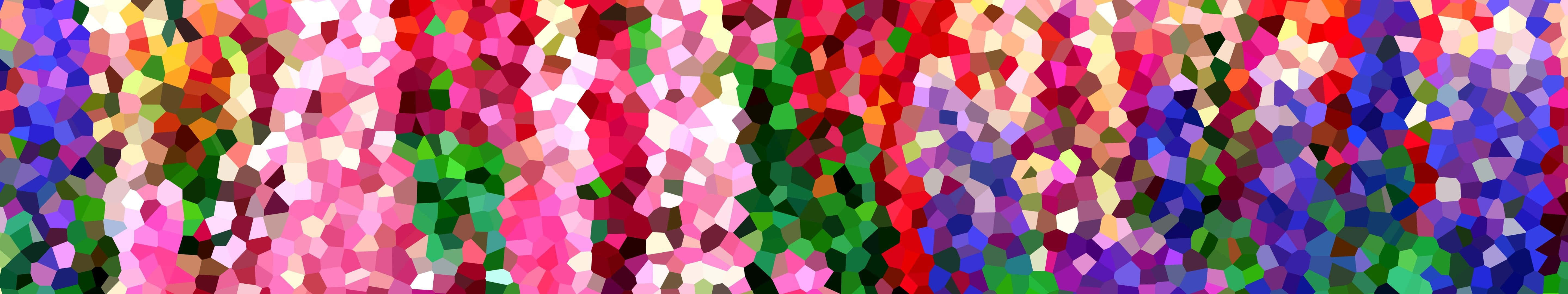 5760x1080 桌布 壁紙 — 充滿活力的抽象馬賽克，由多色幾何形狀形成動態數位圖案。