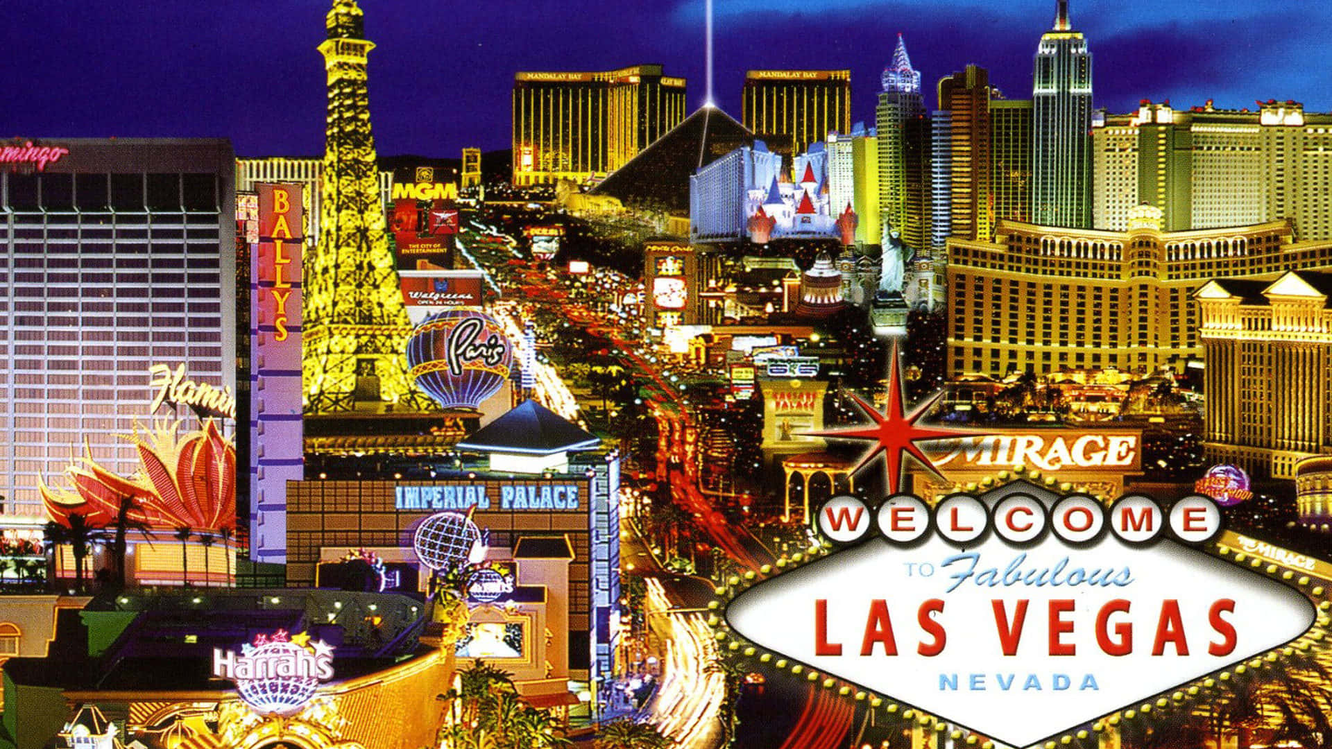 Nevada 桌布 壁紙 — 充滿活力的拉斯維加斯大道夜景，耀眼霓虹燈和標誌性酒店照亮繁華的城市景觀。