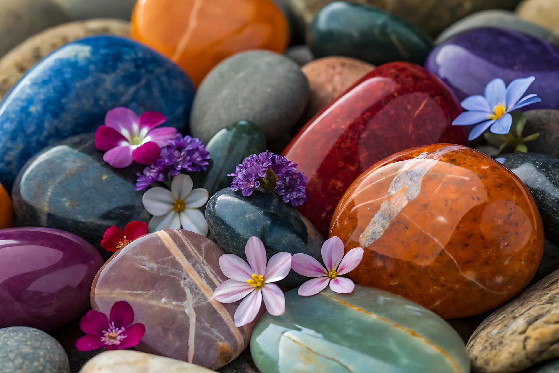 Colorful polished stones adorned with small flowers 壁紙 — 充滿活力的拋光石頭以豐富色調聚集在一起，上面綻放著精緻多彩的花朵。