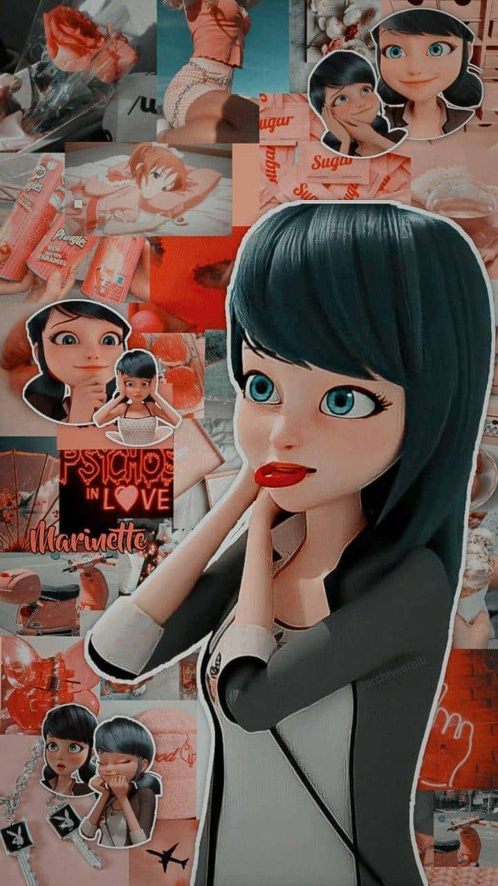 Marinette 桌布 壁紙 — 充滿活力的拼貼桌布，以Miraculous中的Marinette為特色，帶有鮮明的紅色點綴和散落的動漫風格剪裁。