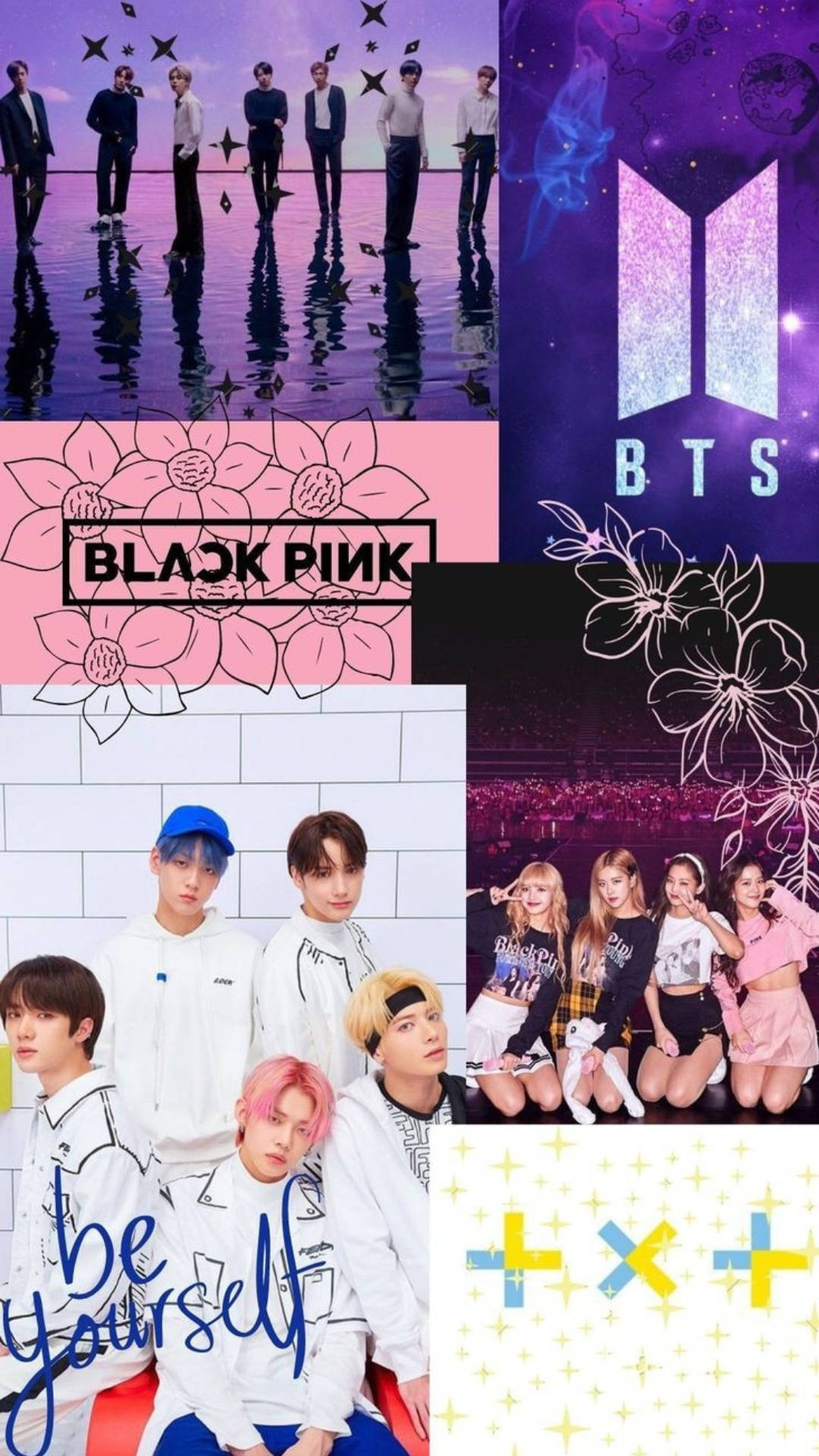 BTS 和 BLACKPINK 桌布 壁紙 — 充滿活力的拼貼畫，以K-pop組合BTS和BLACKPINK的風格化照片為特色，搭配花卉圖案和閃亮標誌。