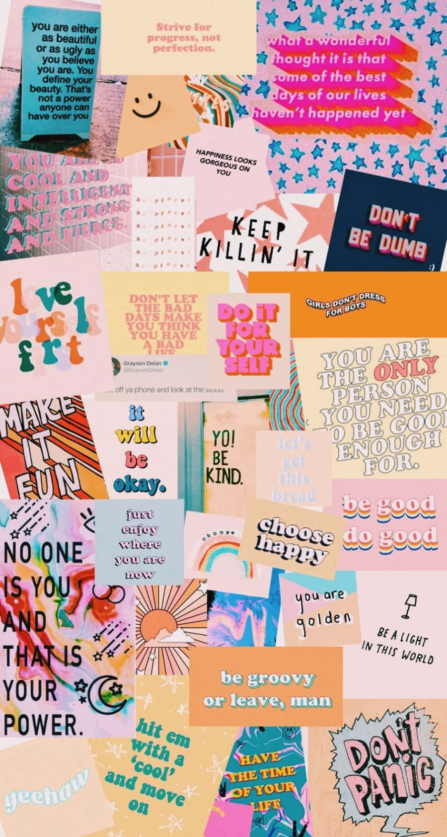 Colorful Aesthetic 桌布 壁紙 — 充滿活力的拼貼畫，以柔和和鮮豔的色彩、俏皮的字體和星星圖案呈現勵志名言和肯定句。
