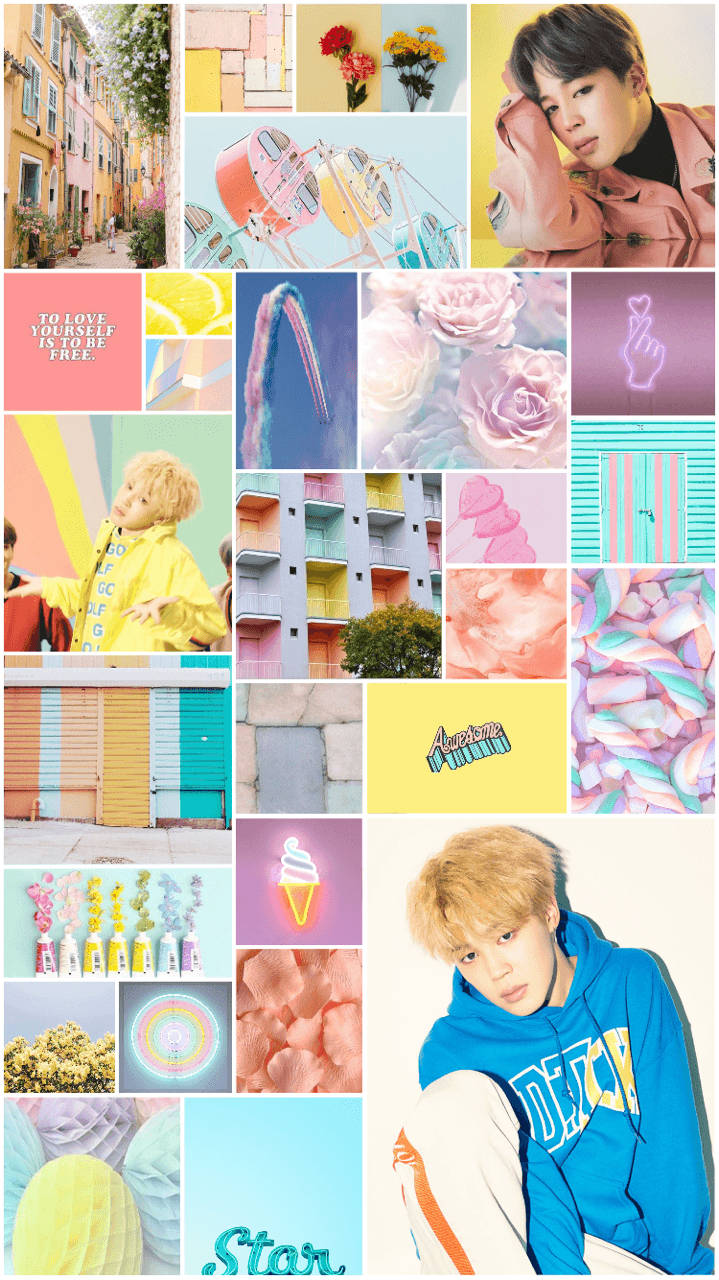 Jimin Aesthetic 桌布 壁紙 — 充滿活力的拼貼畫，以柔和色調的城市景觀、花朵、糖果和穿著時尚的年輕男子為特色，營造出俏皮、年輕的美感。