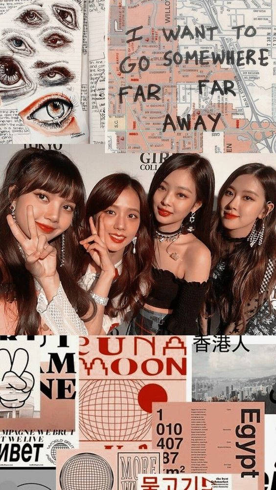 BLACKPINK 桌布 壁紙 — 充滿活力的拼貼畫，包含K-pop偶像、眼睛藝術、地圖和旅行文字，搭配粗體字型和粉紅色調。