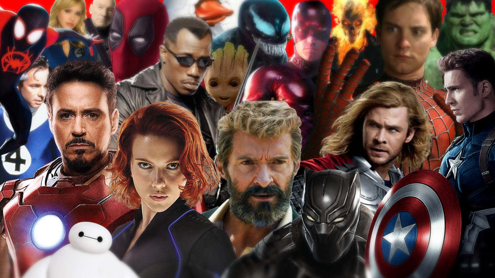 Marvel Profile 桌布 壁紙 — 充滿活力的拼貼畫，包含來自熱門電影和節目的標誌性超級英雄和角色。