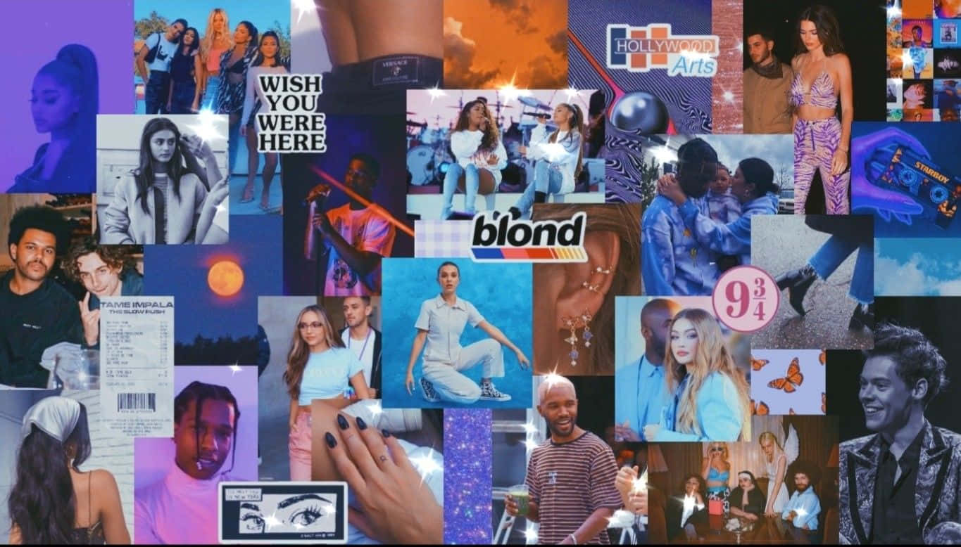 90s Aesthetic Laptop 桌布 壁紙 — 充滿活力的拼貼畫，包含名人照片、專輯藝術和流行文化時刻，採用大膽色彩和動態燈光。