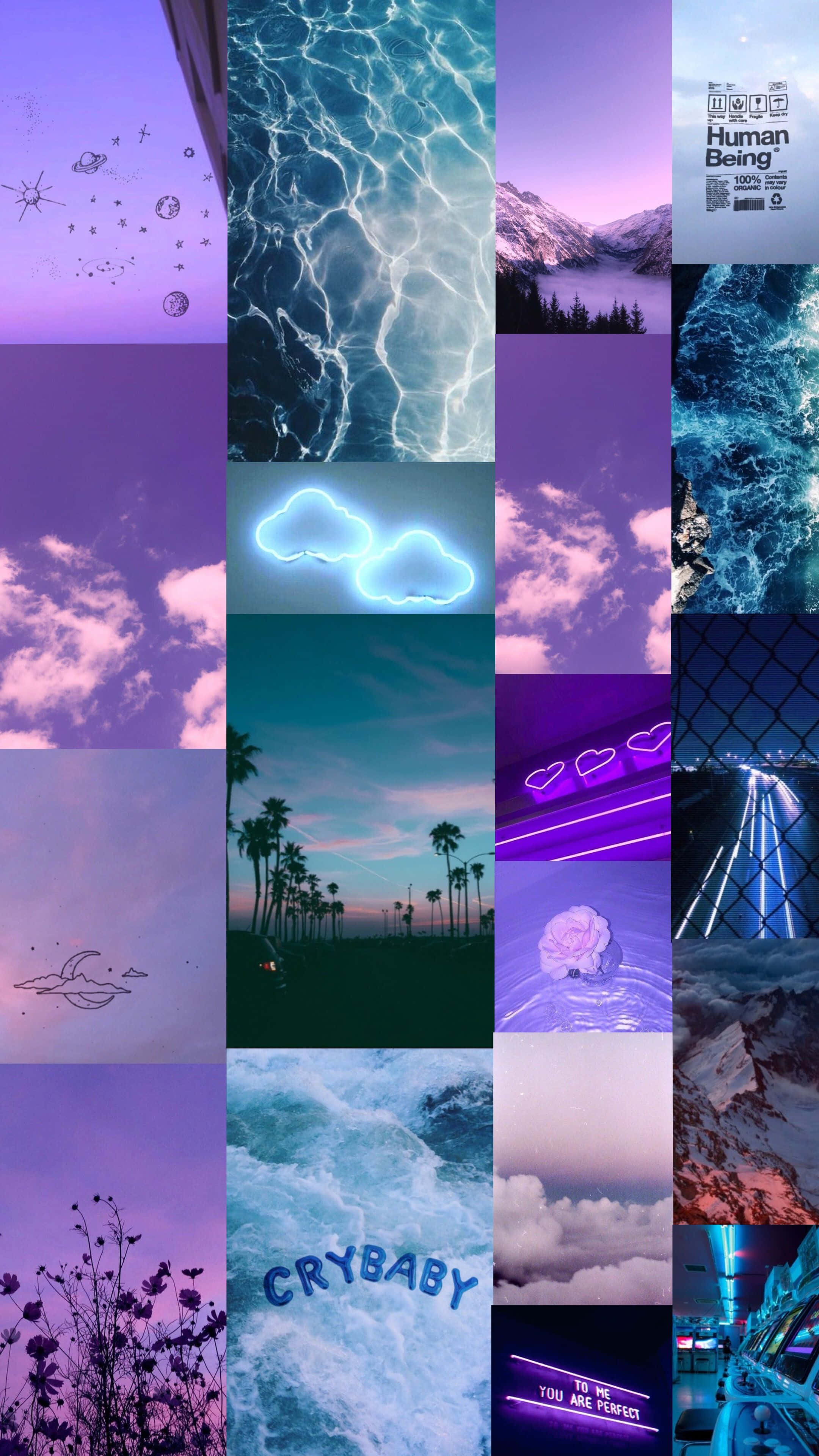Purple Aesthetic Collage 桌布 壁紙 — 充滿活力的拼貼畫，包含夢幻的紫色和藍綠色場景，包括水波紋、雲朵、棕櫚樹、霓虹燈和宇宙元素。