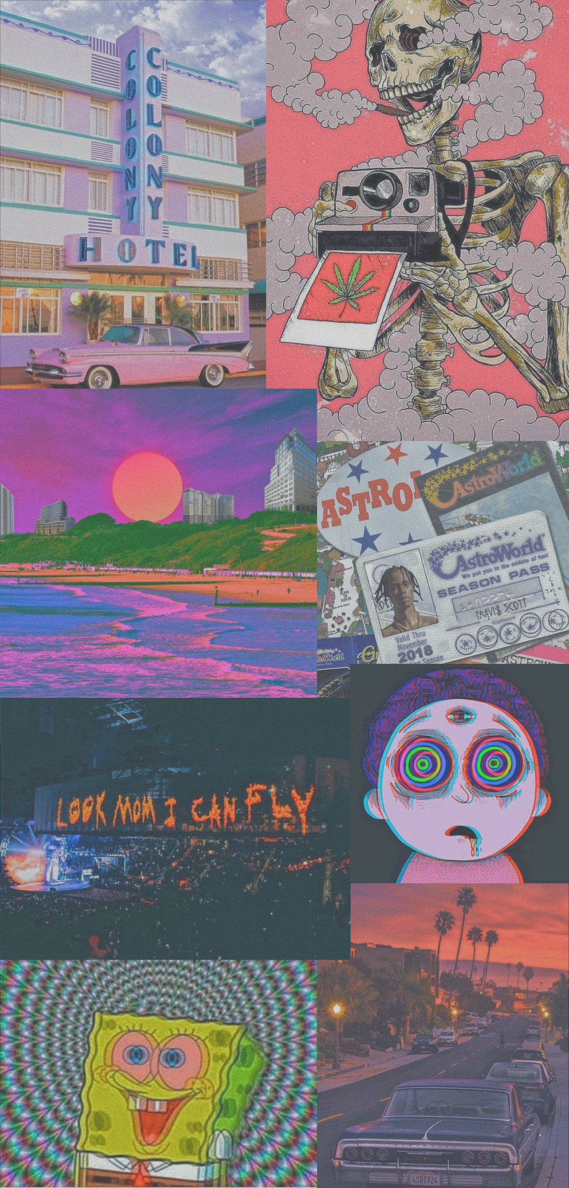 Aesthetic Trippy 桌布 壁紙 — 充滿活力的拼貼畫，包含復古汽車旅館、手持相機的骷髏、霓虹海灘、卡通角色和復古汽車，以迷幻色調呈現。