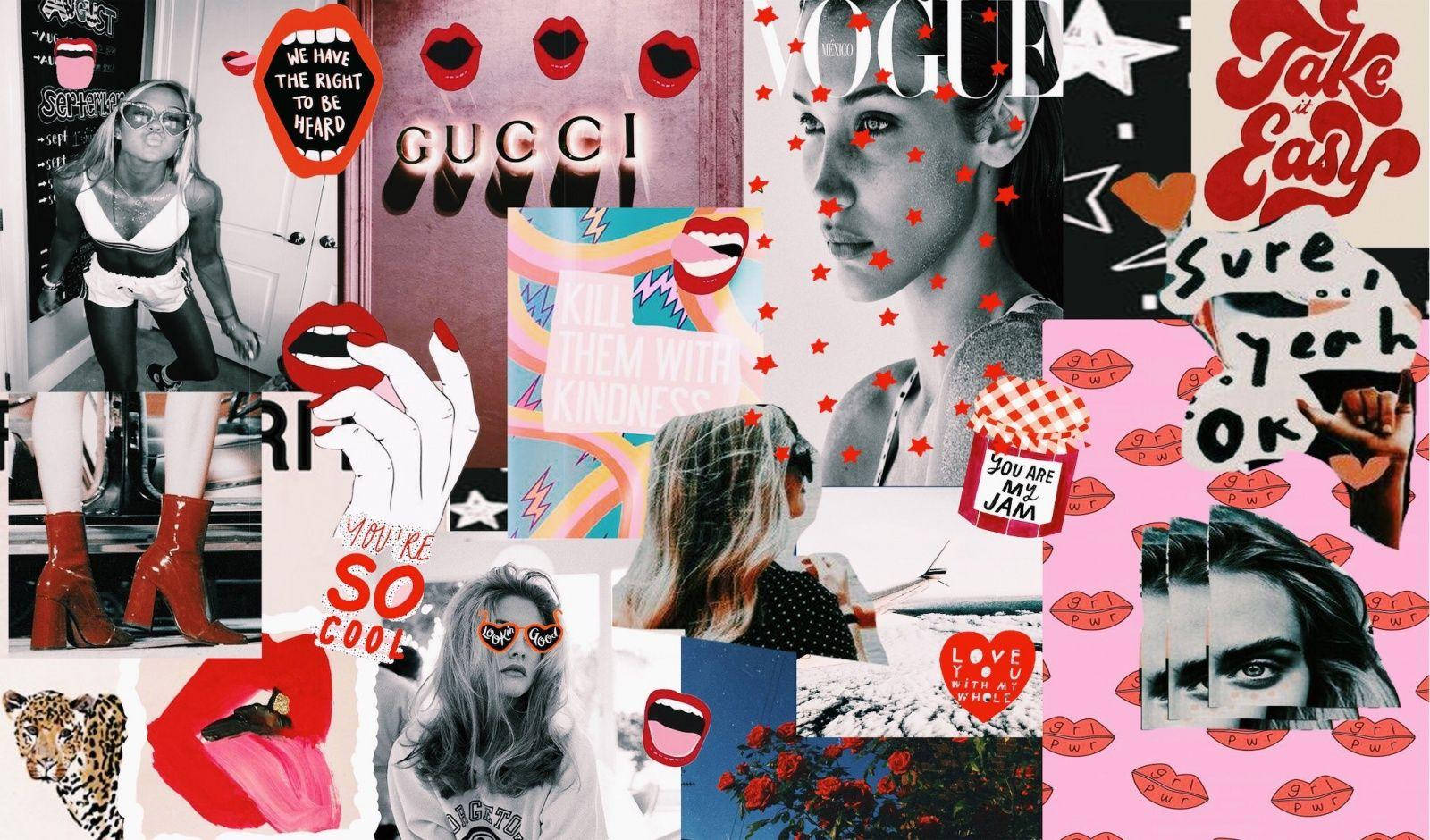 girly pink aesthetic 桌布 壁紙 — 充滿活力的拼貼畫，包含時尚模特兒的嘴唇、語錄和品牌標誌，採用大膽的色彩和圖形風格。