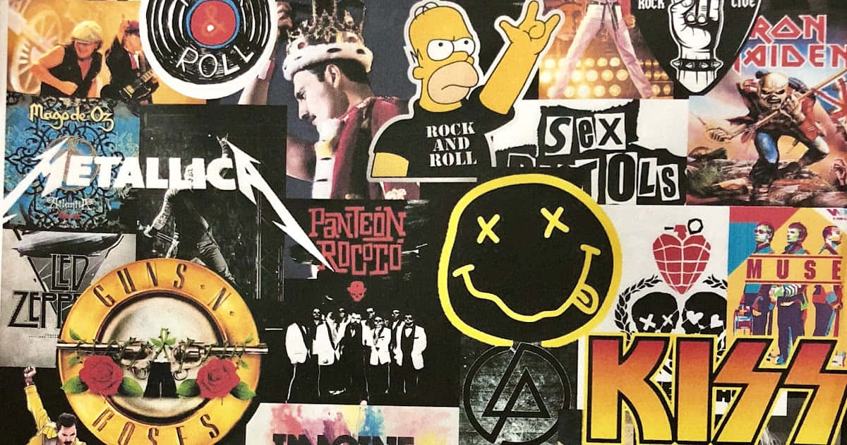 rock and roll 桌布 壁紙 — 充滿活力的拼貼畫，包含標誌性搖滾樂隊標誌和專輯藝術，包括 Metallica、Guns N' Roses 和 Nirvana。