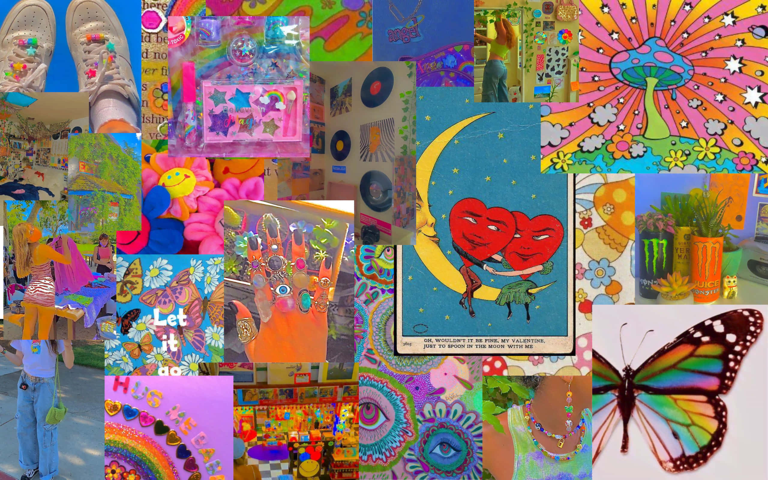 Kidcore Aesthetic 桌布 壁紙 — 充滿活力的拼貼畫，包含色彩繽紛的普普藝術、迷幻圖案和異想天開的塗鴉，包括心形、蝴蝶和復古玩具。