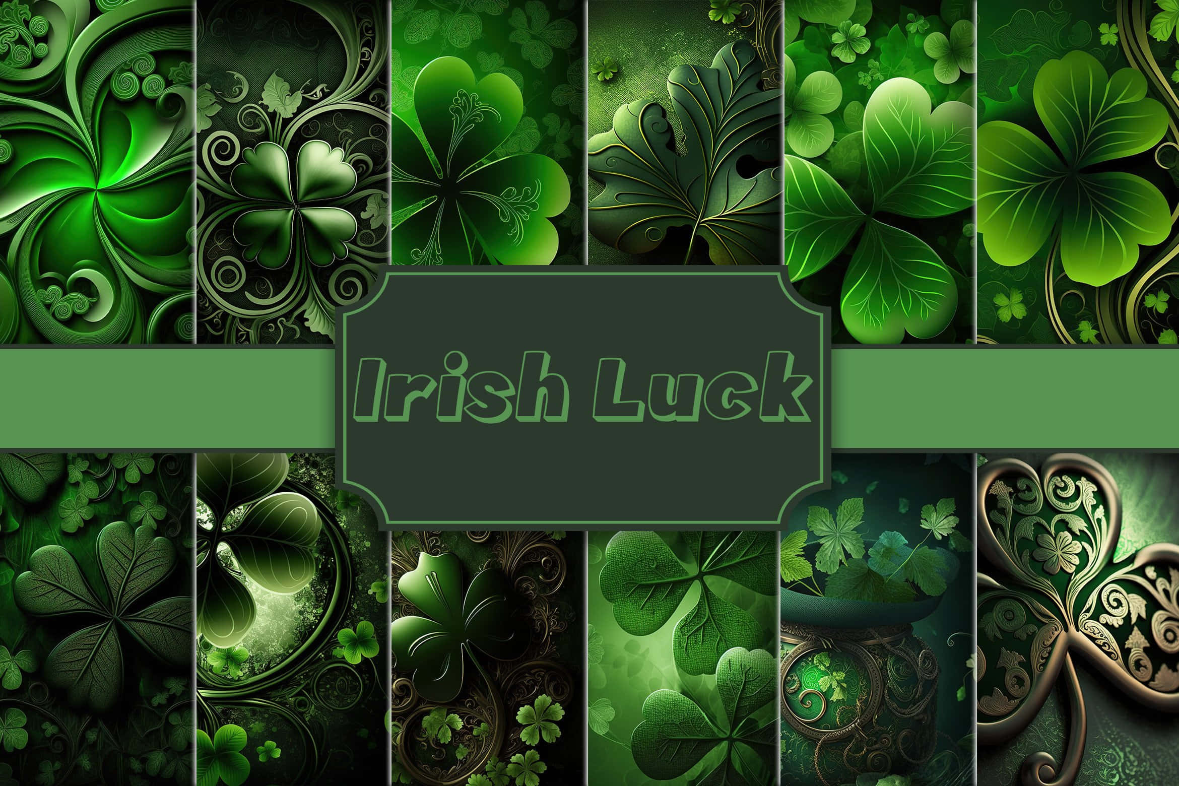 St Patrick's Day 桌布 壁紙 — 充滿活力的拼貼畫，包含複雜的綠色三葉草圖案和旋轉的葉子設計，慶祝愛爾蘭好運。