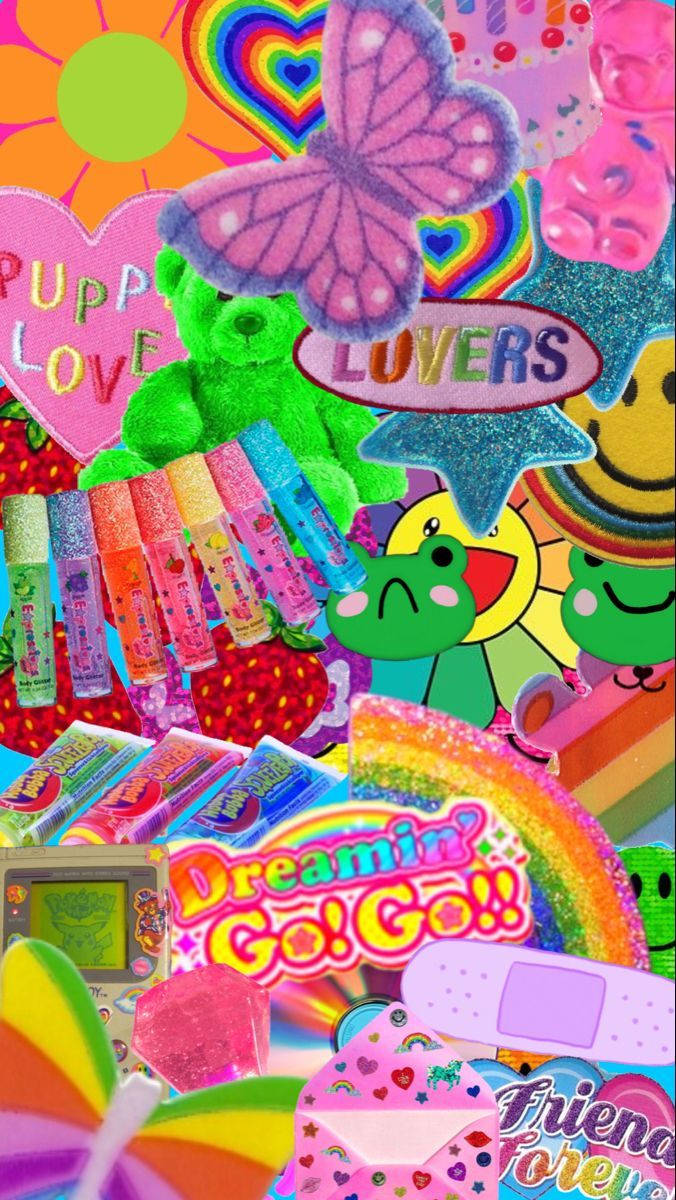 Kidcore 桌布 壁紙 — 充滿活力的拼貼畫，包含閃亮的玩具、心形、彩虹和卡通人物，採用明亮的粉彩顏色。