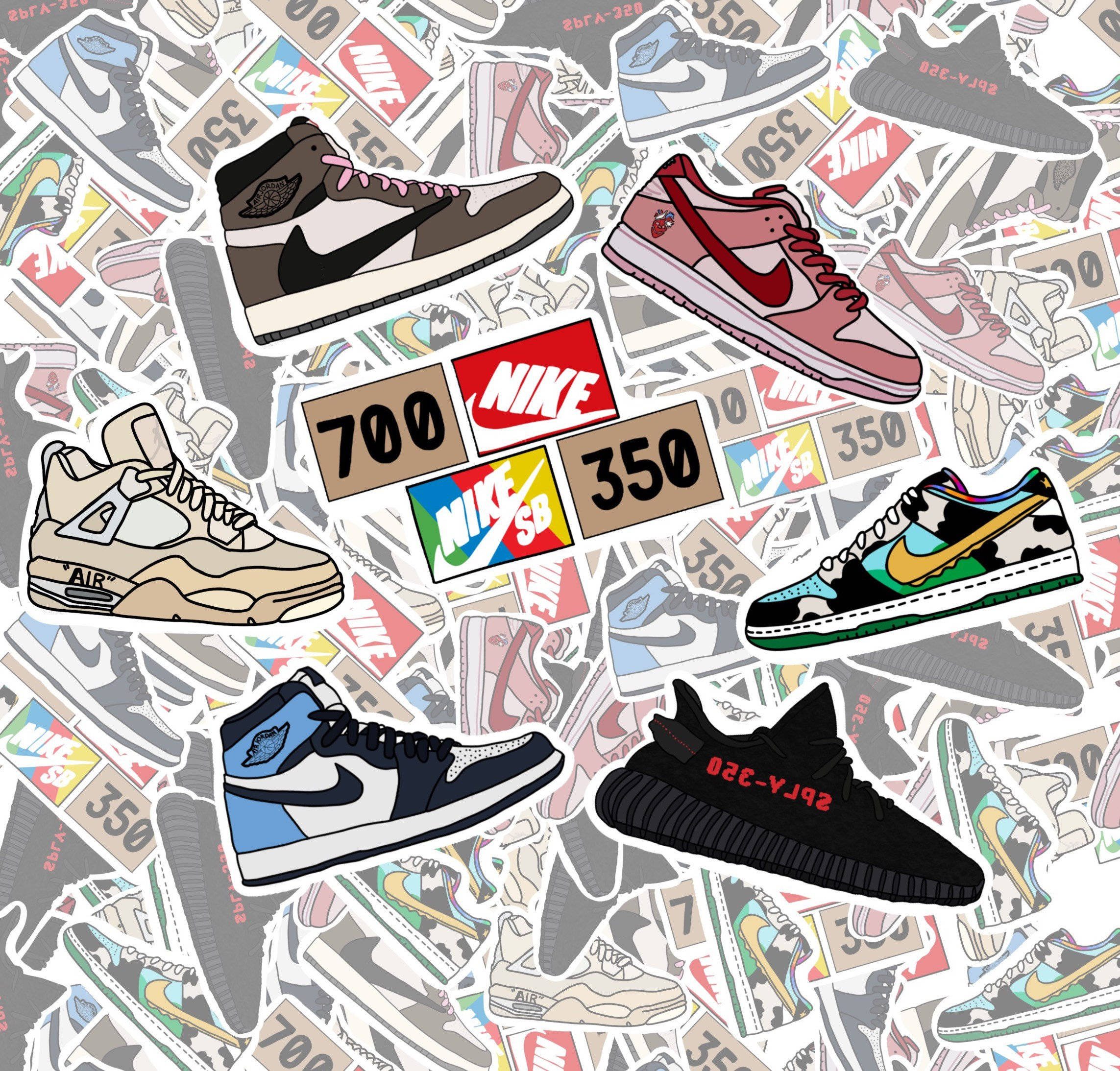 Nike 桌布 壁紙 — 充滿活力的拼貼畫，將標誌性的運動鞋貼紙和品牌標誌散落在動態背景上。
