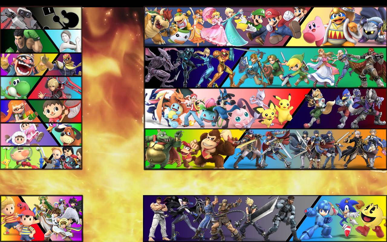 桌布，網格排列熱門電子遊戲角色，背景火熱。 — Fire Emblem Warriors 壁紙