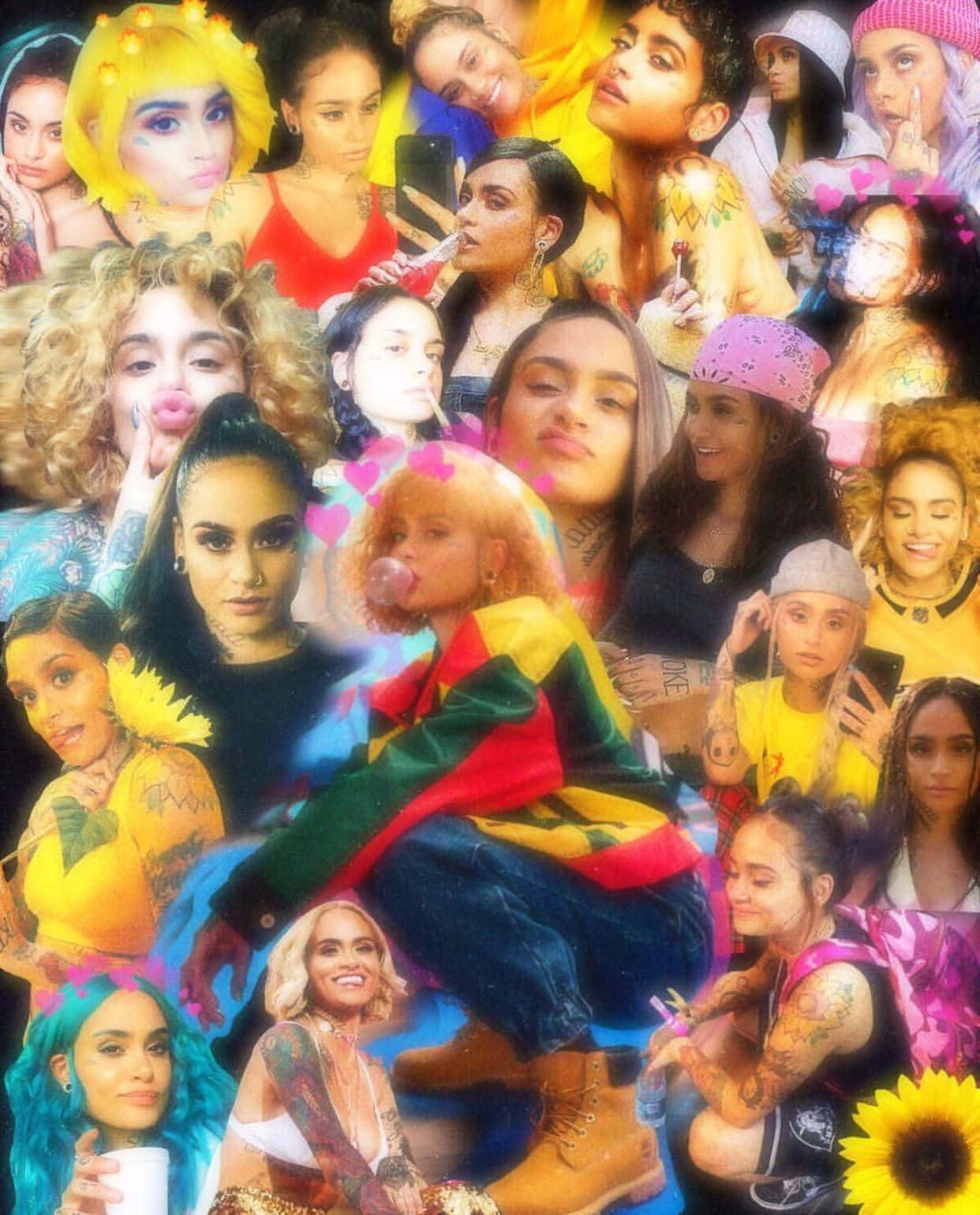 kehlani 桌布 壁紙 — 充滿活力的拼貼畫，展現多元年輕女性，以大膽色彩、富有表現力的姿勢、刺青和俏皮配飾為特色。