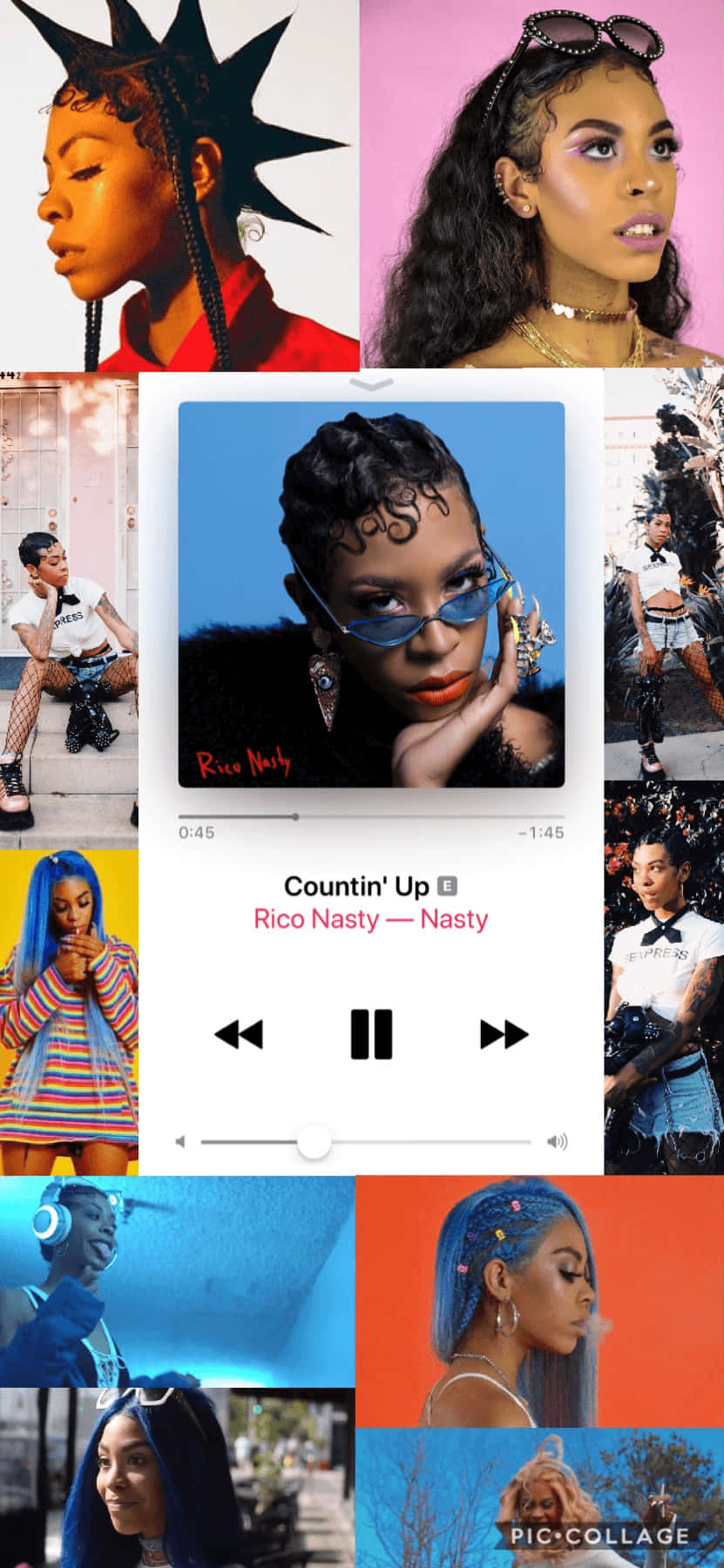 Rico Nasty 桌布 壁紙 — 充滿活力的拼貼畫，展示一位女性以大膽時尚姿勢，搭配色彩繽紛的背景和音樂播放器疊加層。