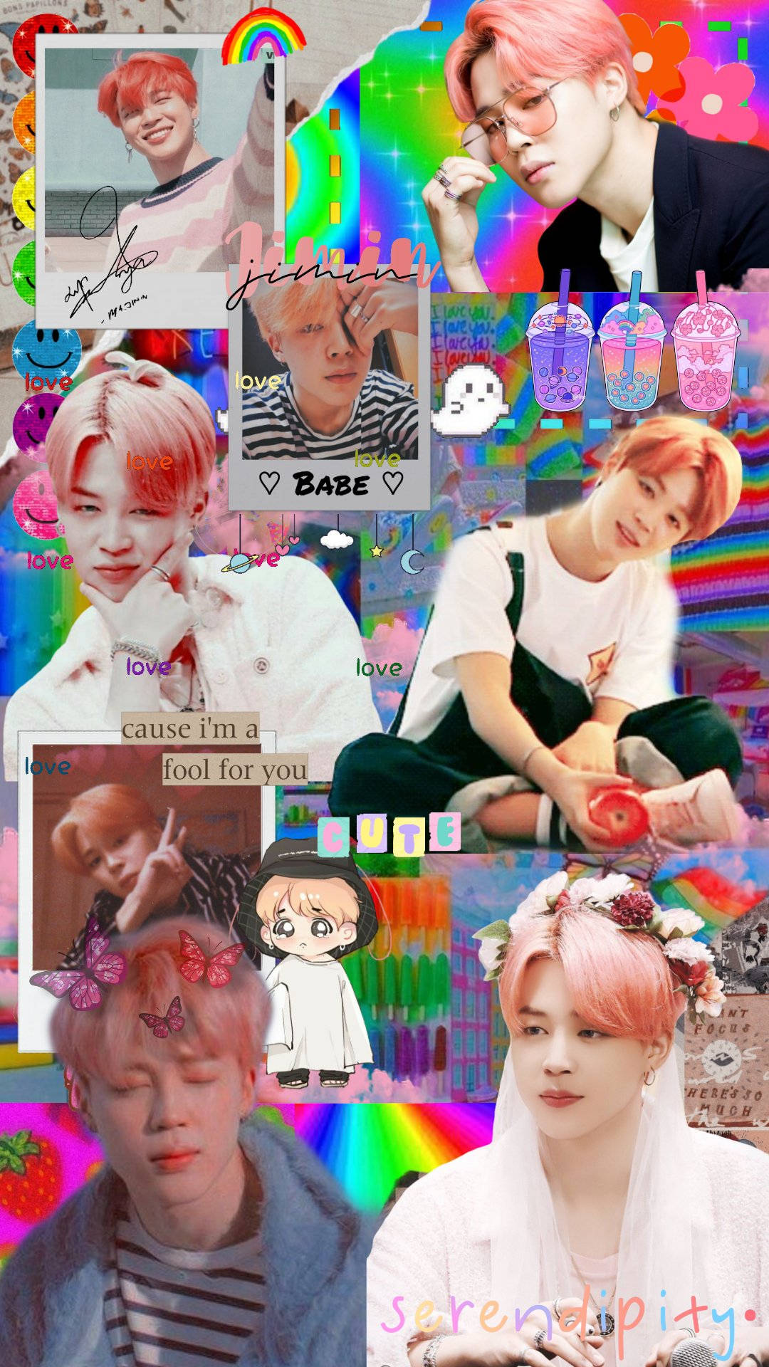 BTS 桌布 壁紙 — 充滿活力的拼貼畫，展示一位粉紅色頭髮的K-pop偶像在多個姿勢中，背景為彩虹和閃粉，並帶有愛情文字和卡通元素。
