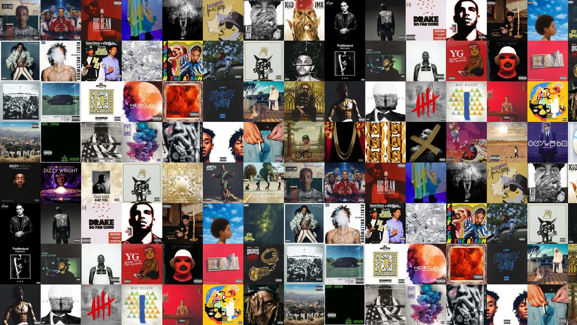 Hip Hop Album Covers 桌布 壁紙 — 充滿活力的拼貼畫，展示多樣化的專輯封面，包括Drake和YG等藝人，色彩大膽，主題都市化。