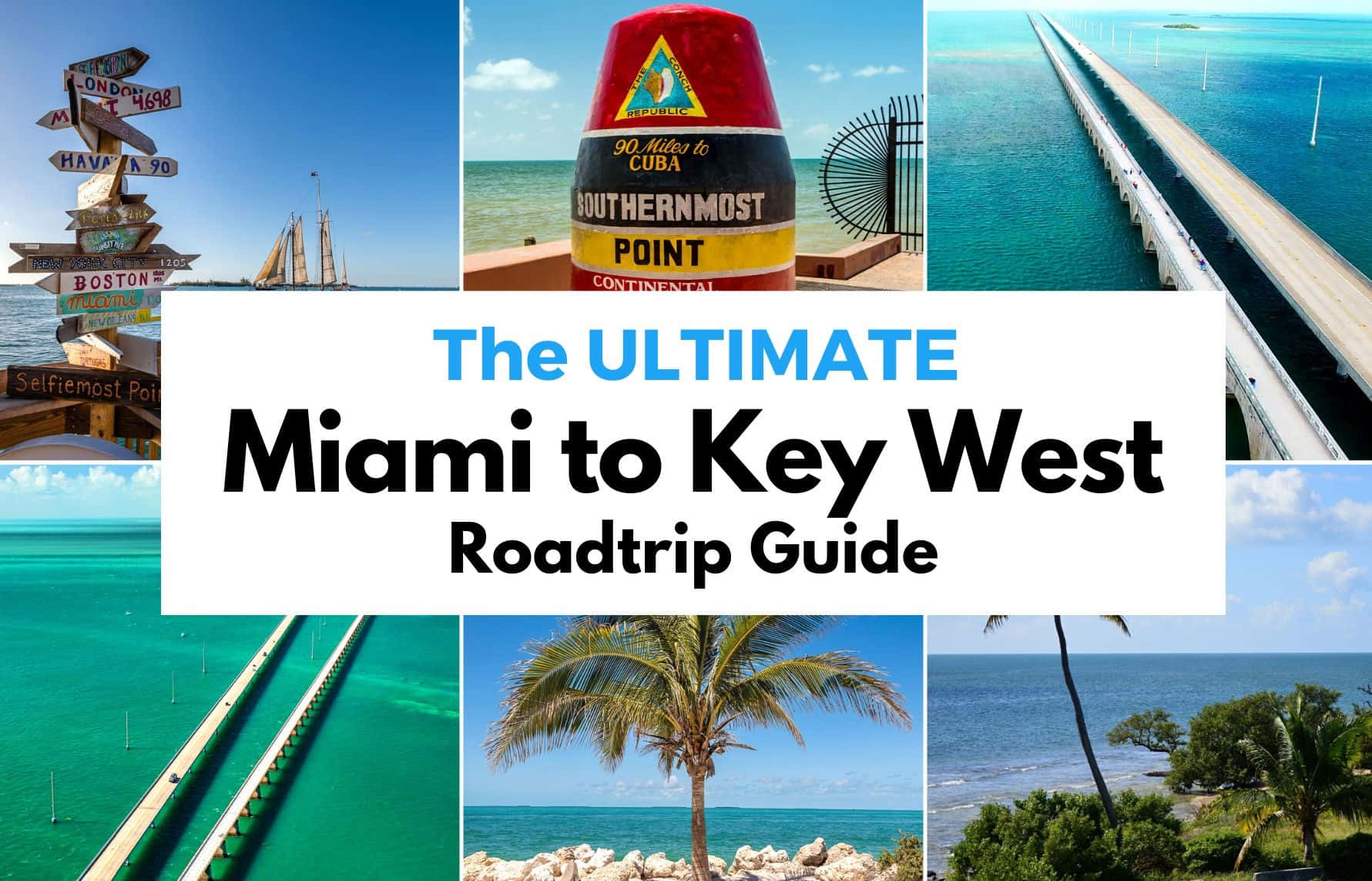 Key West 桌布 壁紙 — 充滿活力的拼貼畫，展示從邁阿密到基韋斯特公路旅行的亮點，包括最南點標誌、棕櫚樹和海洋景觀。