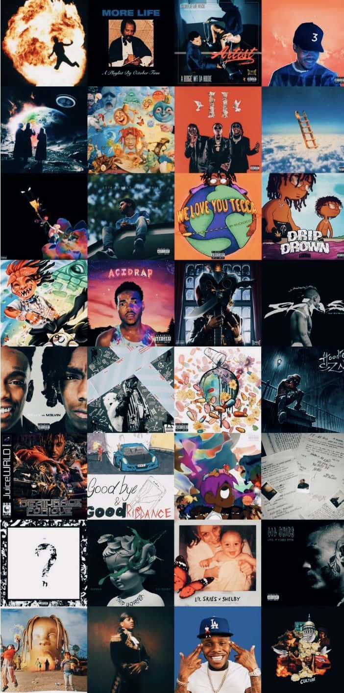 Hip Hop Album Covers 桌布 壁紙 — 充滿活力的拼貼畫，展示色彩繽紛的嘻哈專輯封面，包括Juice WRLD和Travis Scott等藝術家，採用大膽的圖形風格。