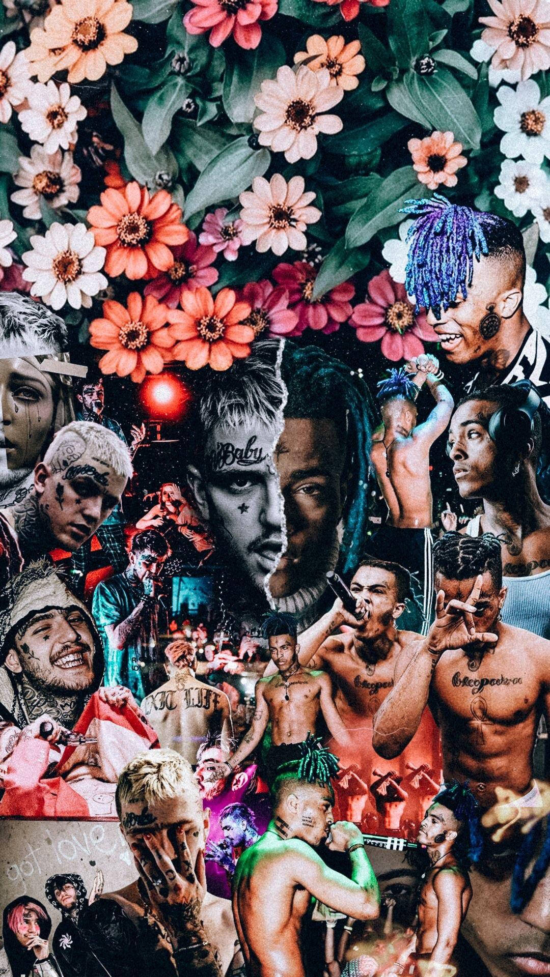 XXXTENTACION 桌布 壁紙 — 充滿活力的拼貼畫，描繪紋身說唱歌手和色彩繽紛的花朵，構成混亂而充滿能量的構圖。