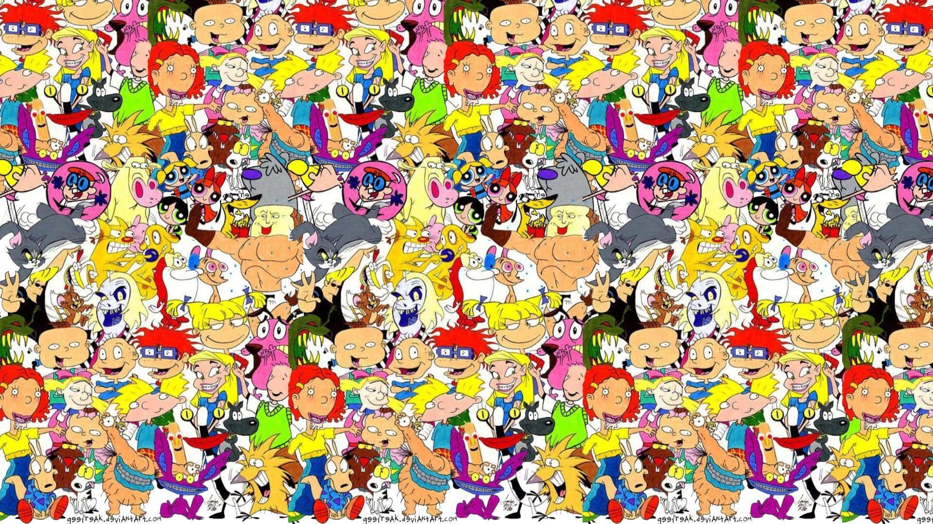 90s Computer 桌布 壁紙 — 充滿活力的拼貼畫，由 Rugrats 和 Powerpuff Girls 的卡通角色密集排列成重複圖案。