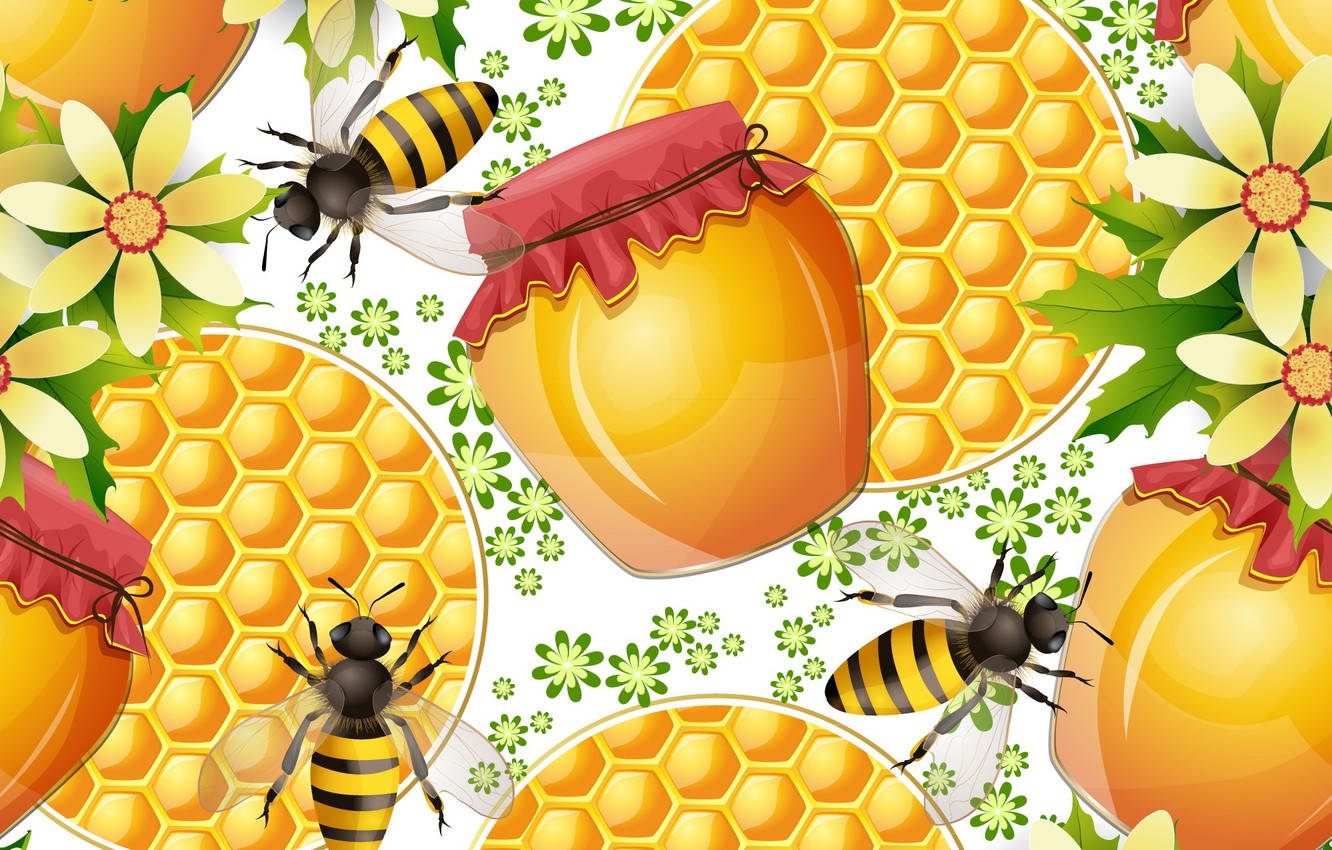 Honeycomb 桌布 壁紙 — 充滿活力的插圖，描繪蜜蜂在蜂巢和金色蜂蜜罐周圍飛舞，周圍環繞著黃色花朵和綠葉。