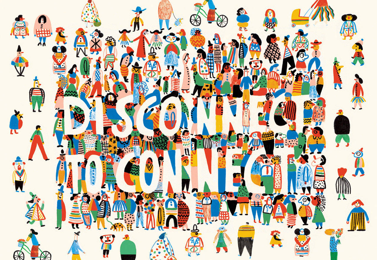 Home 桌布 壁紙 — 充滿活力的插圖人群形成粗體字 'DISCONNECT TO CONNECT'。