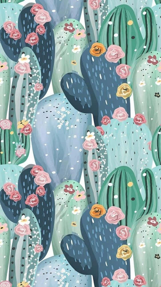 Cactus iPhone 桌布 壁紙 — 充滿活力的插圖仙人掌，以藍綠色和藍色調在白色背景上綻放粉紅色、黃色和白色的花朵。