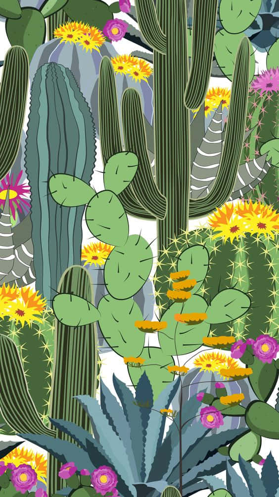 Cactus iPhone 桌布 壁紙 — 充滿活力的插圖仙人掌花園，在白色背景上佈滿綠色多刺植物和色彩繽紛的黃色粉紅色花朵。