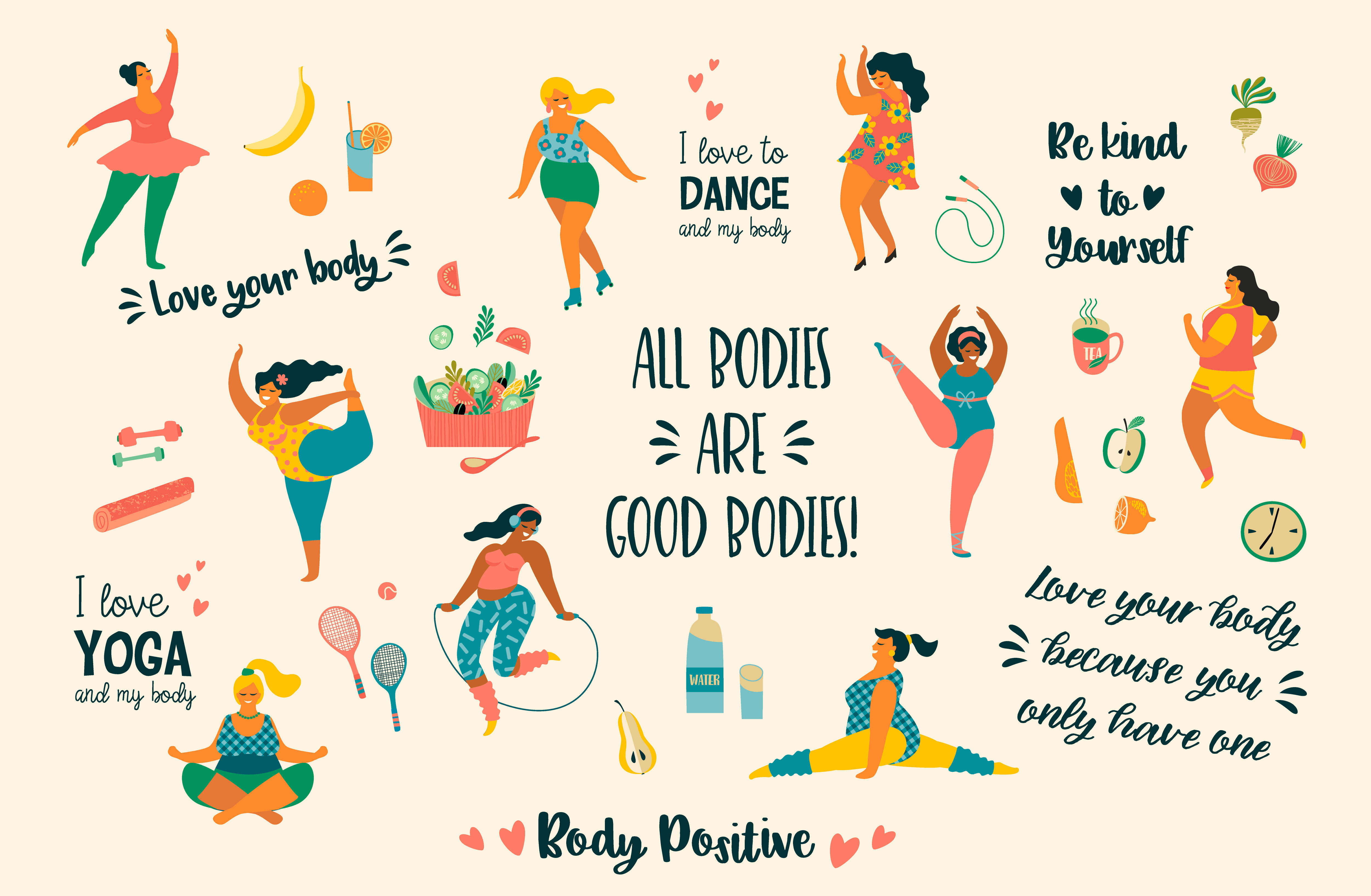Positive Quotes 桌布 壁紙 — 充滿活力的插圖拼貼畫，頌揚身體積極性，展現多元女性跳舞、瑜伽和運動，周圍環繞著健康食物和肯定性文字。