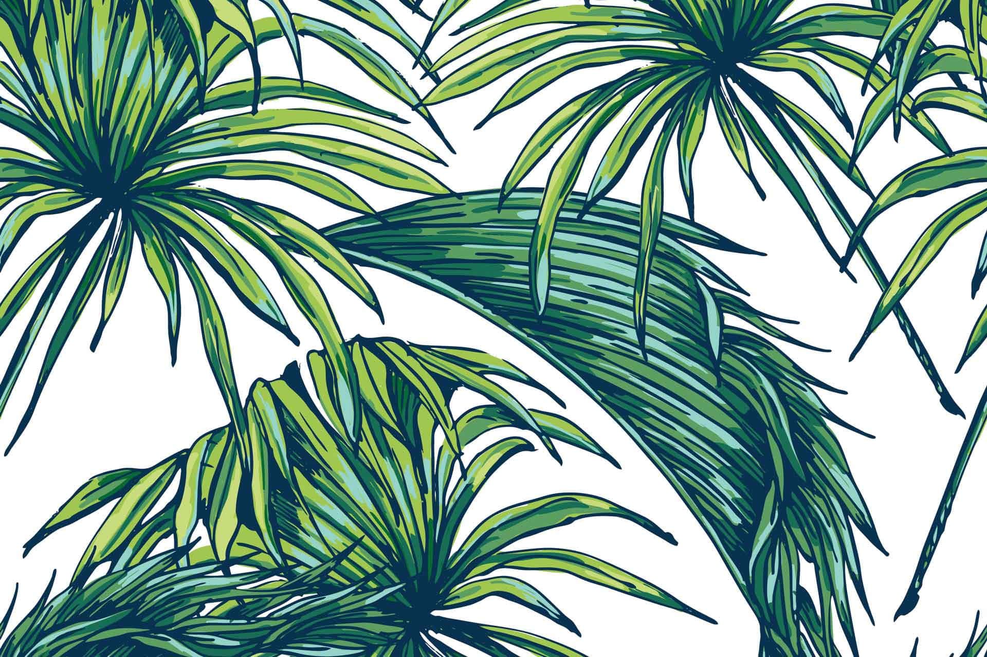 桌布 壁紙 — 充滿活力的插圖棕櫚葉，以層疊的綠色調呈現，背景為純白色。