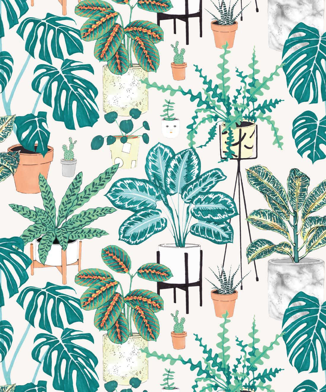 plants 桌布 壁紙 — 充滿活力的插圖熱帶植物，種植在各種花盆中，以藍綠色調填充重複的壁紙圖案。