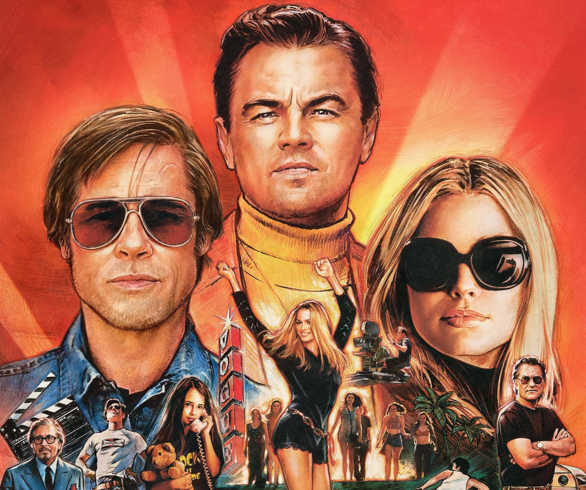 once upon a time in hollywood 桌布 壁紙 — 充滿活力的插圖電影海報， featuring 李奧納多·狄卡皮歐、布萊德·彼特和珍妮佛·安妮斯頓戴著太陽眼鏡，背景是火熱的橙色和電影圖標。