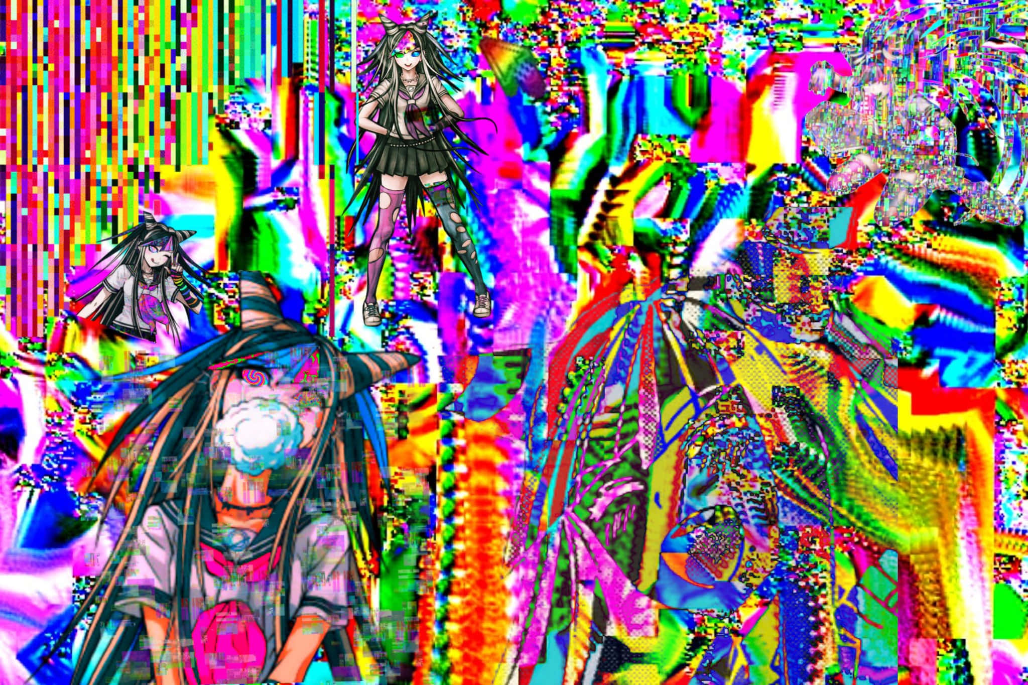 Glitchcore 桌布 壁紙 — 充滿活力的故障藝術，以動漫角色為特色，處於混亂的數位扭曲和霓虹色彩爆發中。