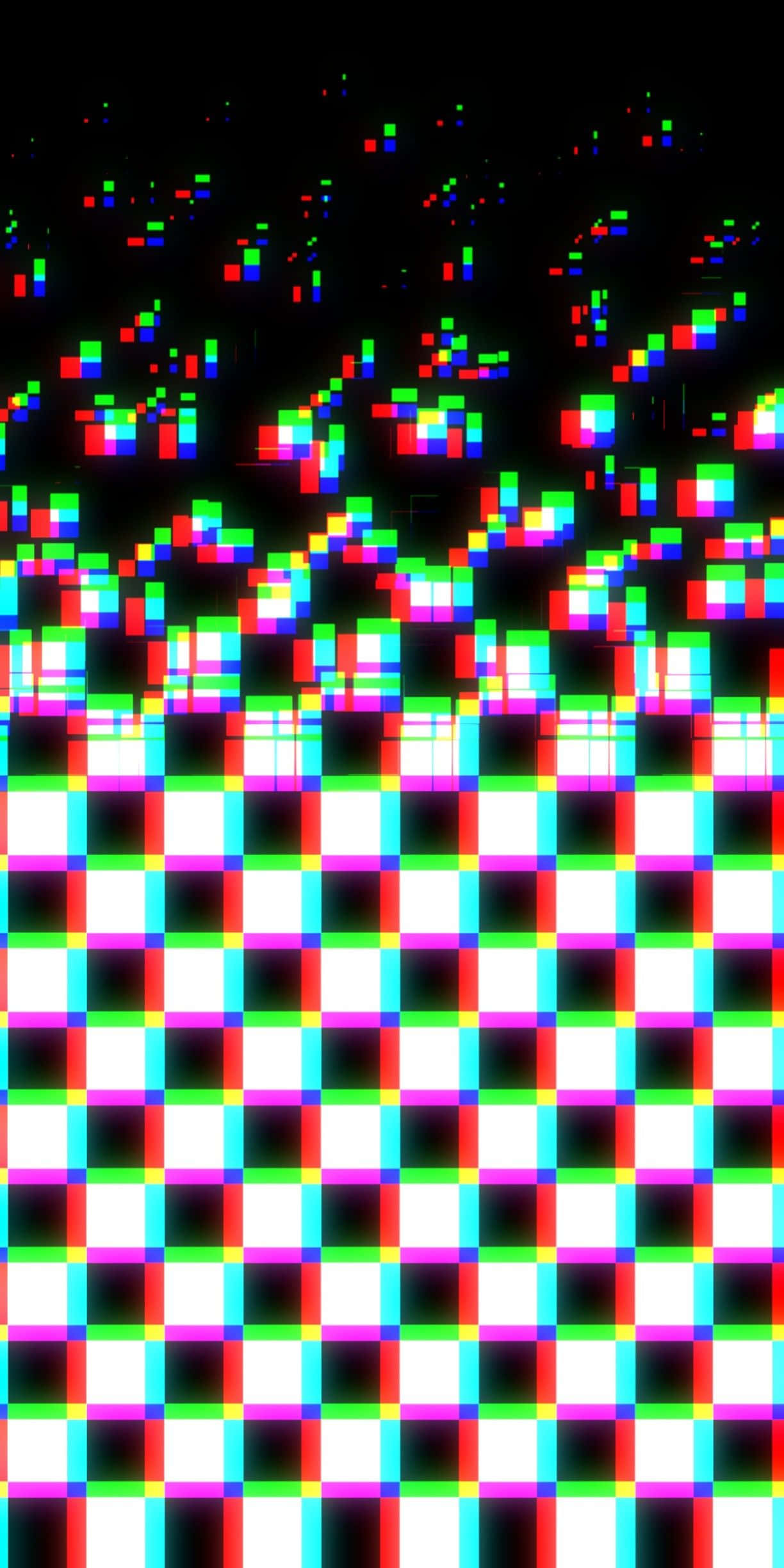 Glitch Effect 桌布 壁紙 — 充滿活力的故障藝術，像素化的彩虹方格在黑色背景上層疊。