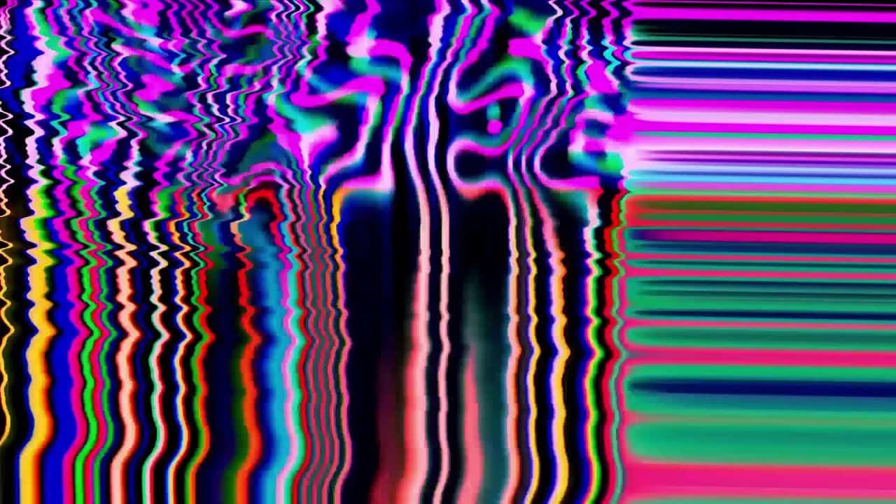 Glitch Effect 桌布 壁紙 — 充滿活力的故障藝術，在深色背景上呈現波浪狀扭曲的霓虹色條紋。