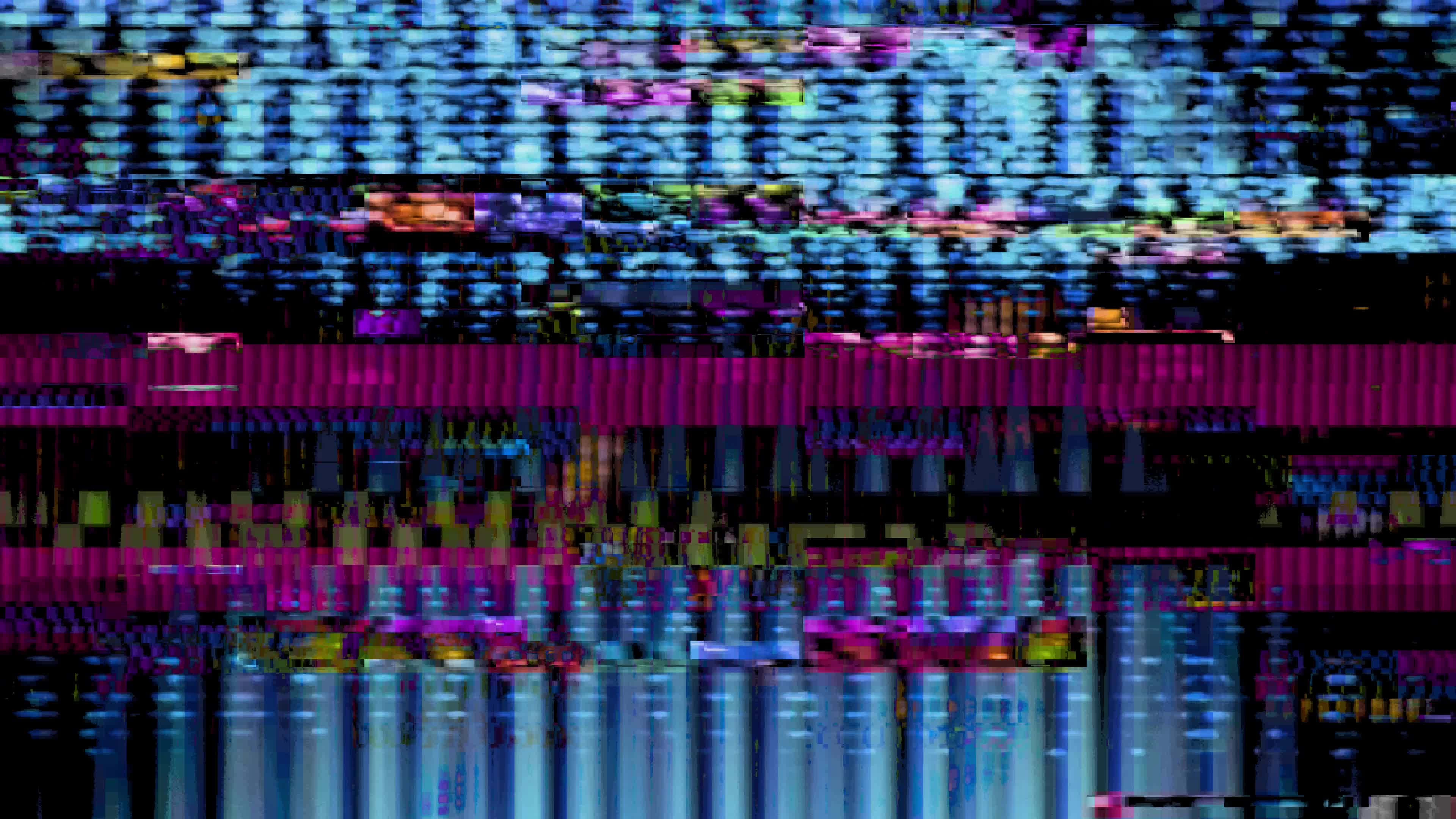 Glitch Effect 桌布 壁紙 — 充滿活力的故障藝術，帶有電光藍和洋紅色的扭曲數位圖案，背景為黑色。
