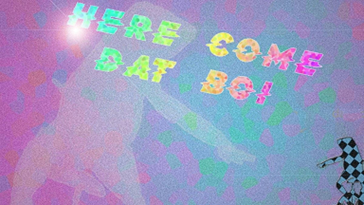 Y2K 美學 桌布 壁紙 — 充滿活力的故障藝術，帶有霓虹文字 'HERE COME DAT BOI'，覆蓋在褪色的剪影和格子圖案上。