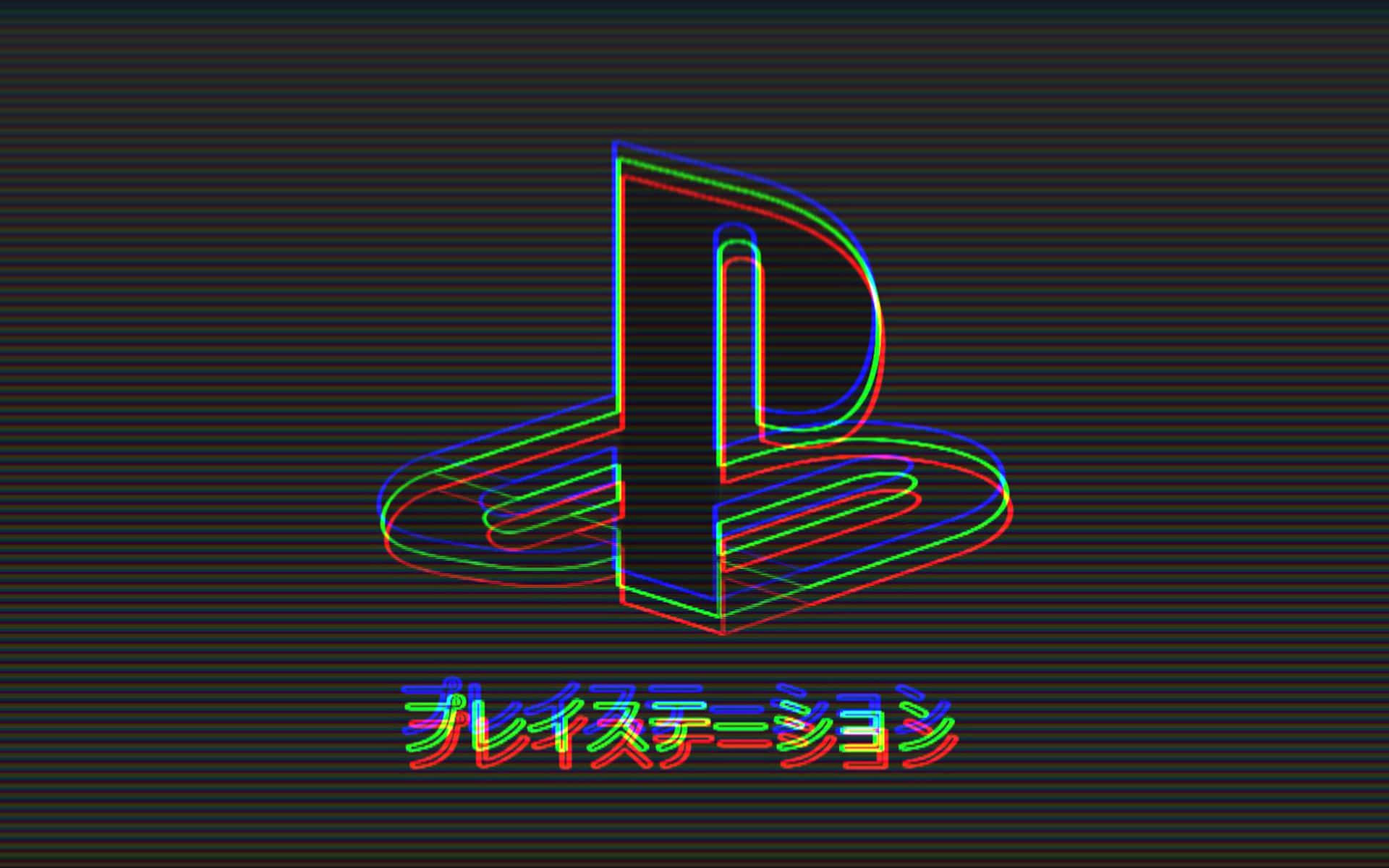 深色背景上帶有故障霓虹色日文文字的PlayStation標誌。 — Ps4 壁紙