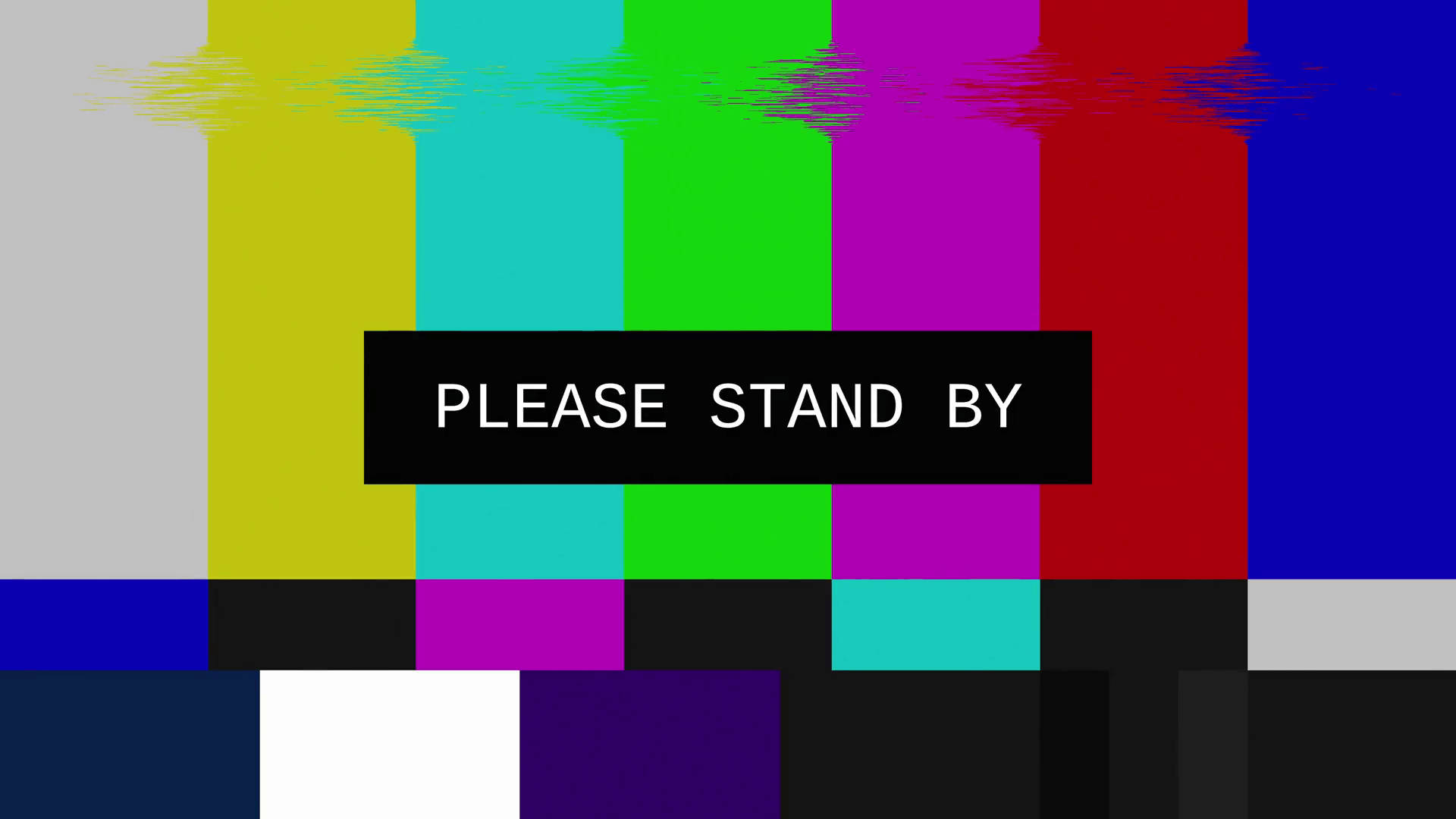 please 桌布 壁紙 — 充滿活力的故障電視測試圖案，彩色條紋上方居中顯示「PLEASE STAND BY」文字。