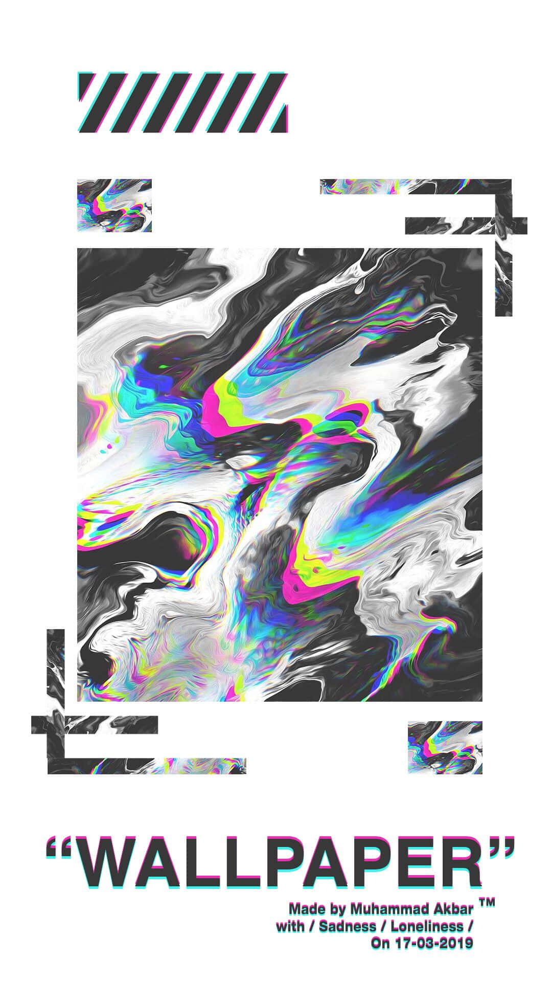 桌布 壁紙 — 充滿活力的故障風格抽象漩渦以霓虹色彩在鮮明的黑白背景上流動，並帶有幾何框架點綴。